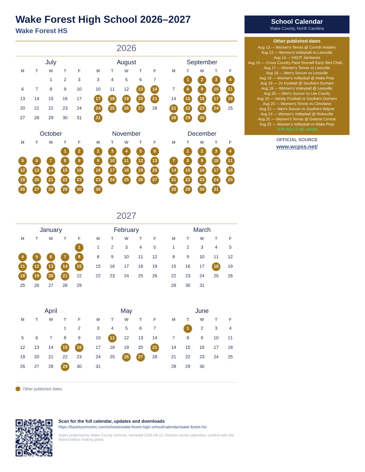 Wake Forest High School  printable calendar