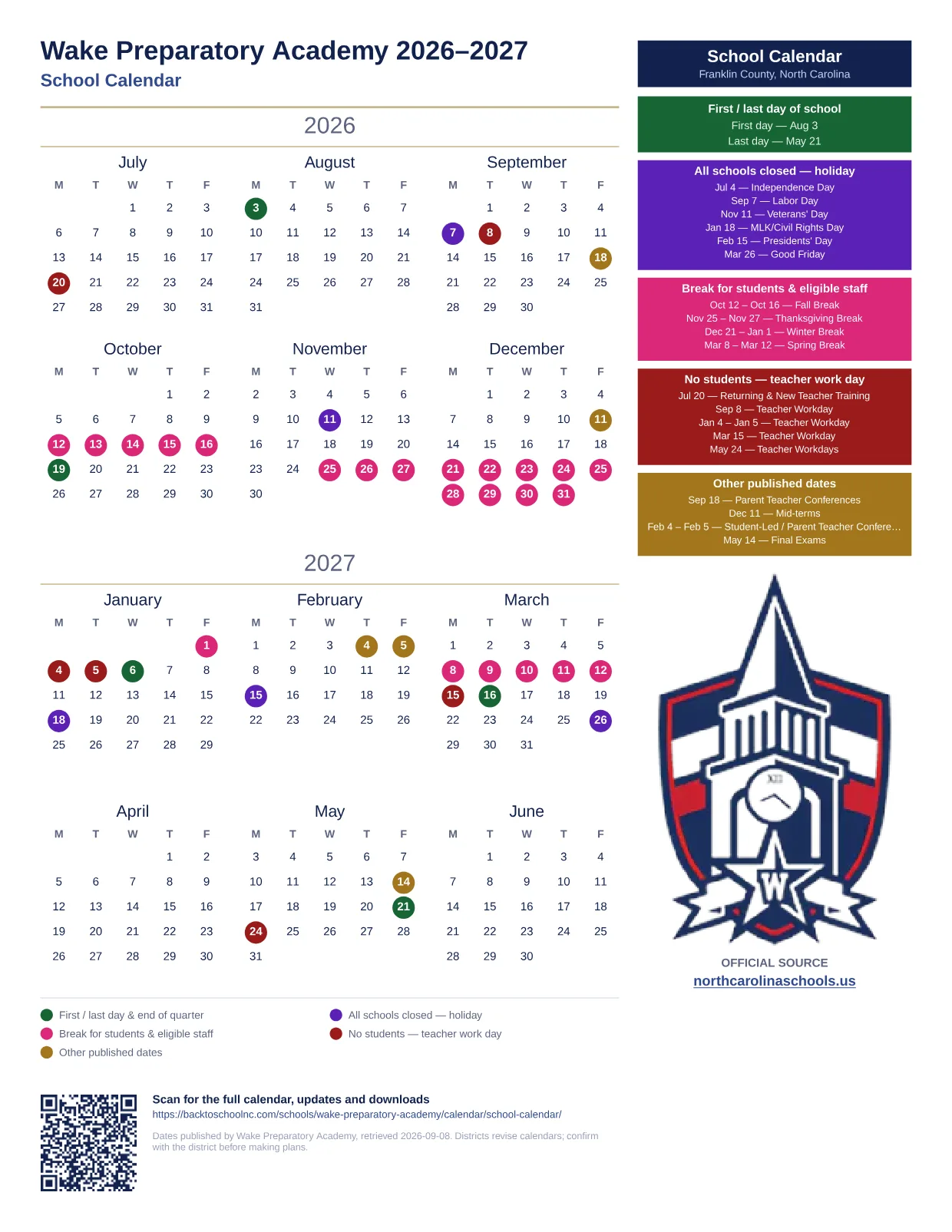 Wake Preparatory Academy 2026–2027 printable calendar