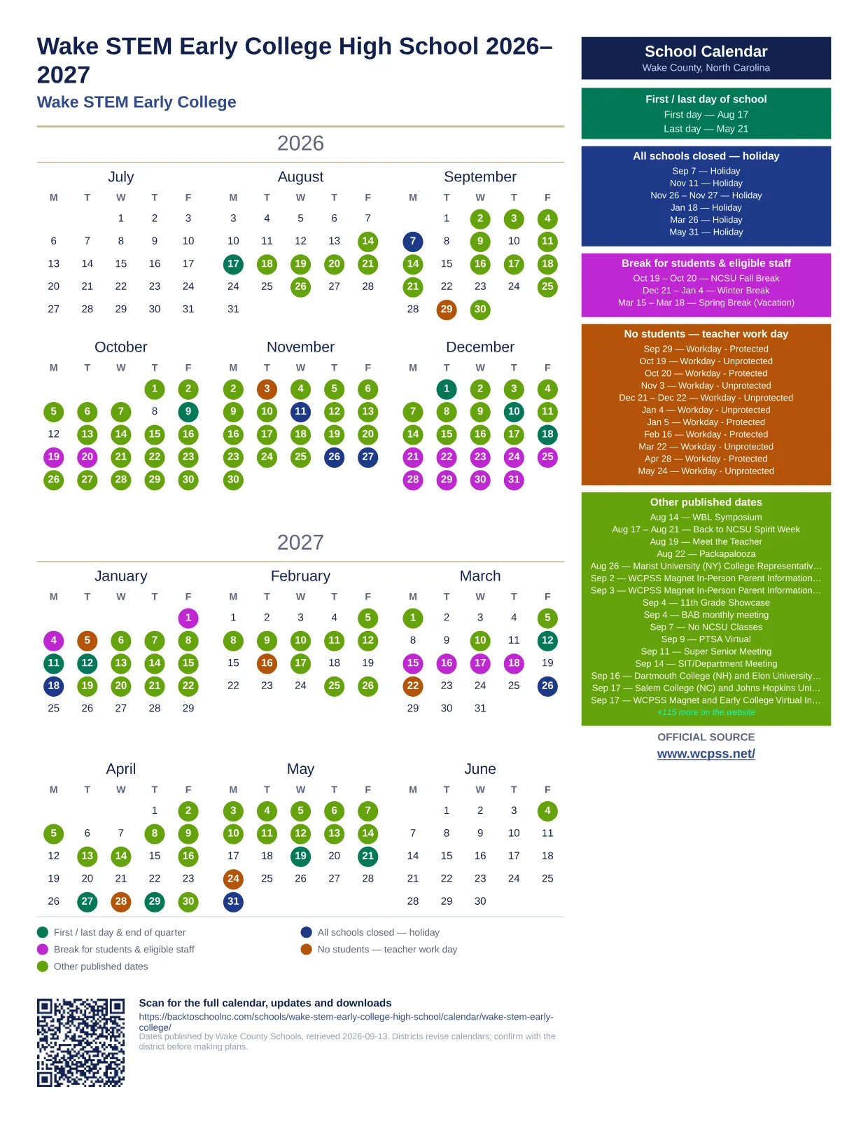 Wake STEM Early College High School 2026–2027 printable calendar