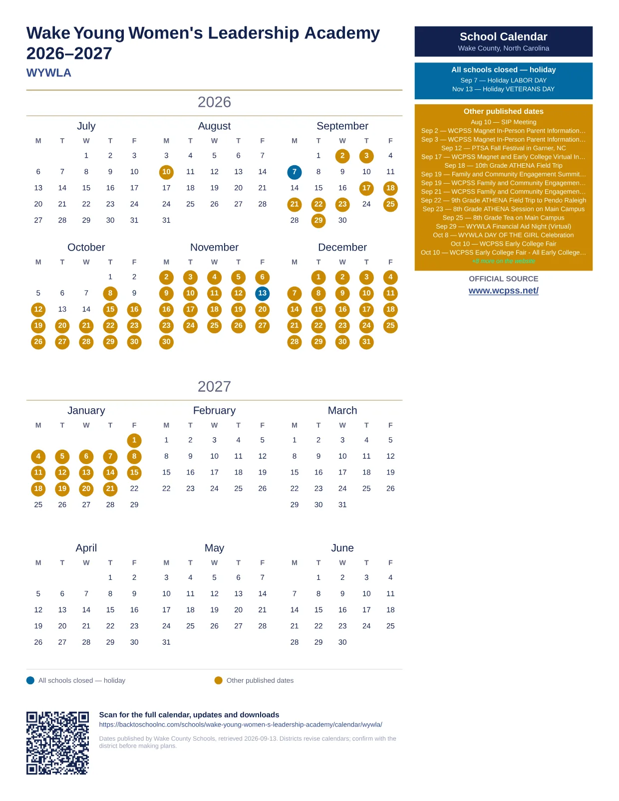 Wake Young Women's Leadership Academy  printable calendar