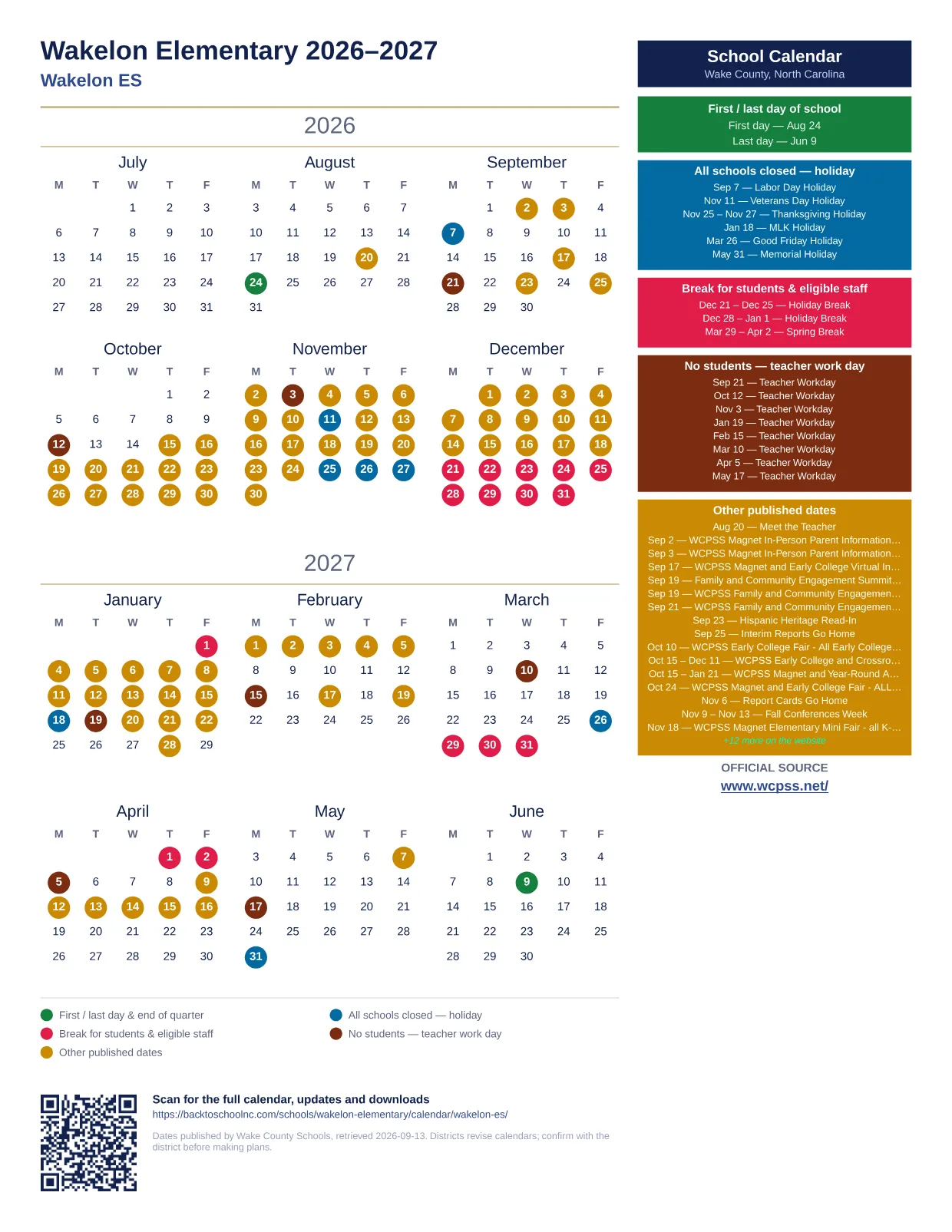 Wakelon Elementary 2026–2027 printable calendar