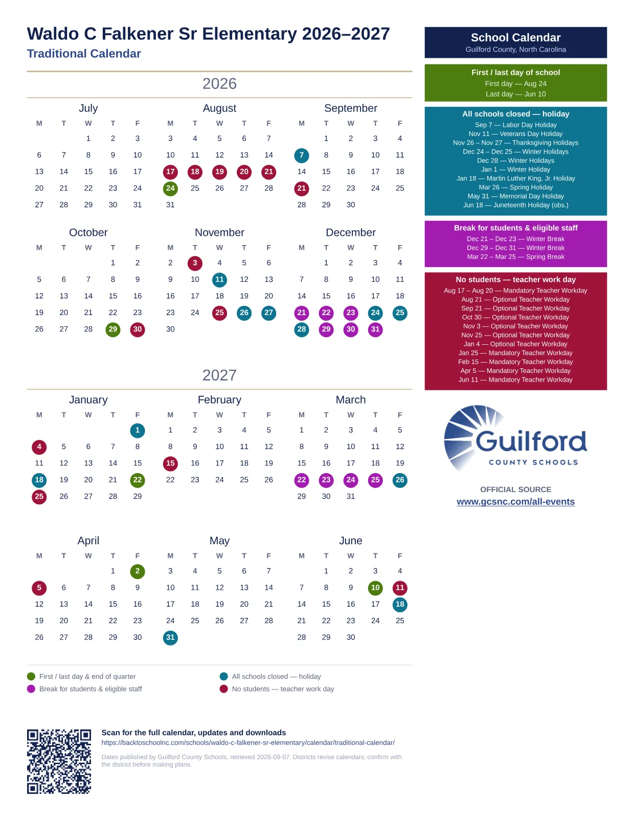 Waldo C Falkener Sr Elementary 2026–2027 printable calendar