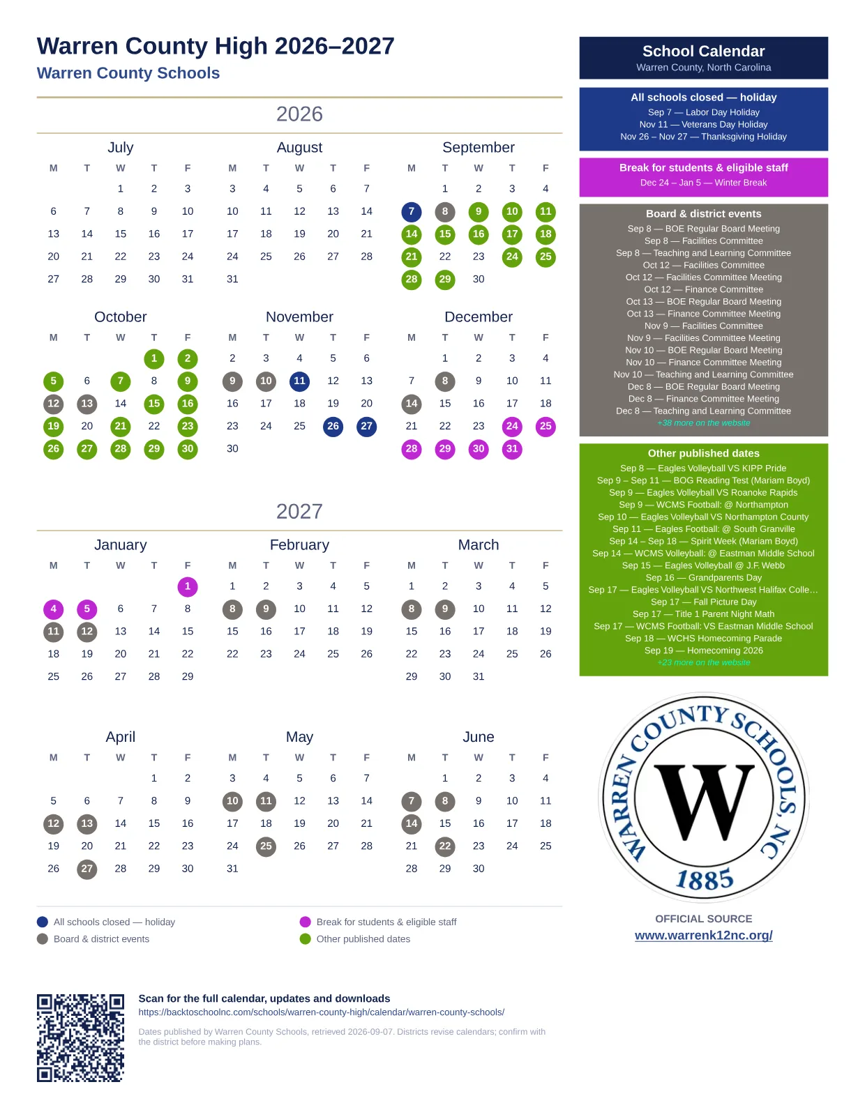 Warren County High printable calendar