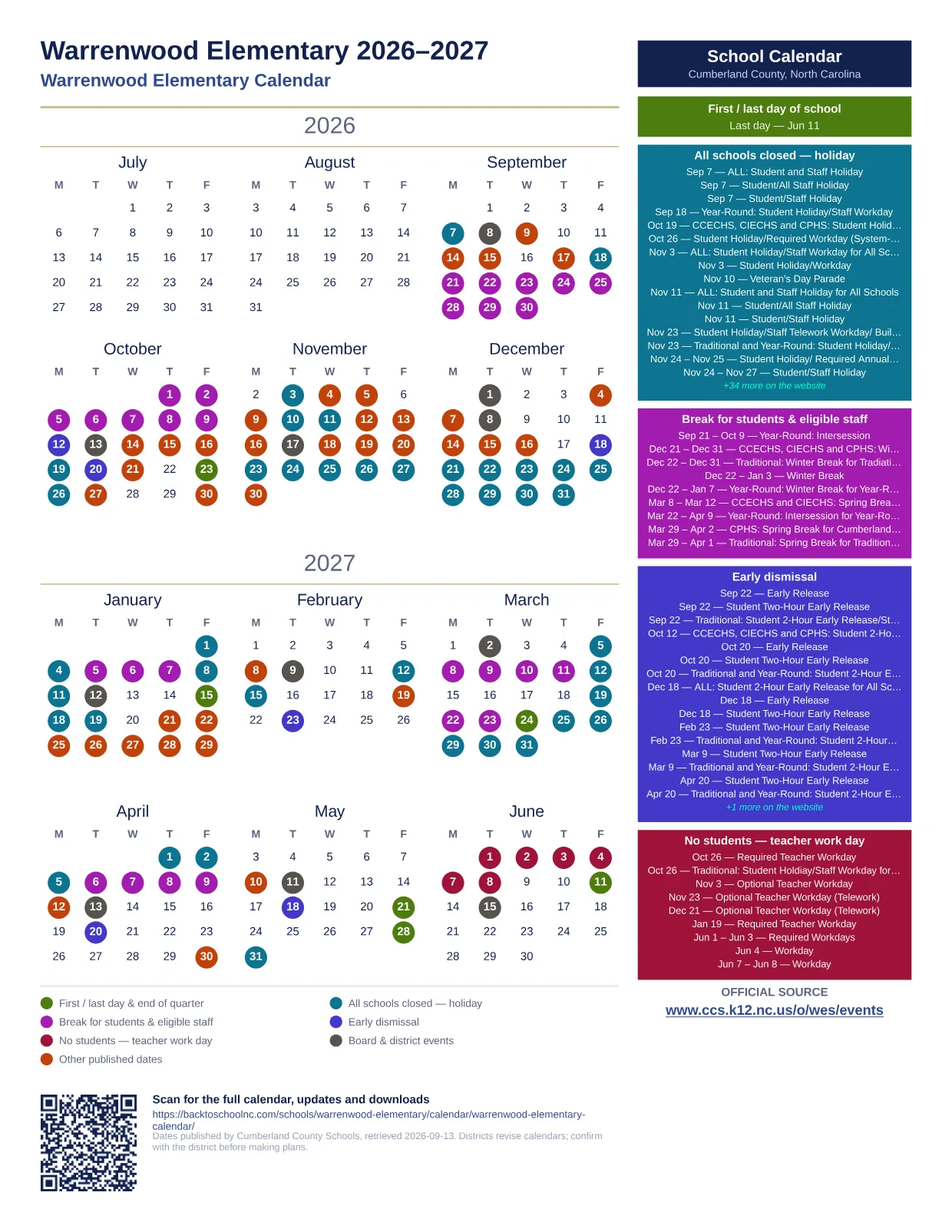 Warrenwood Elementary  printable calendar
