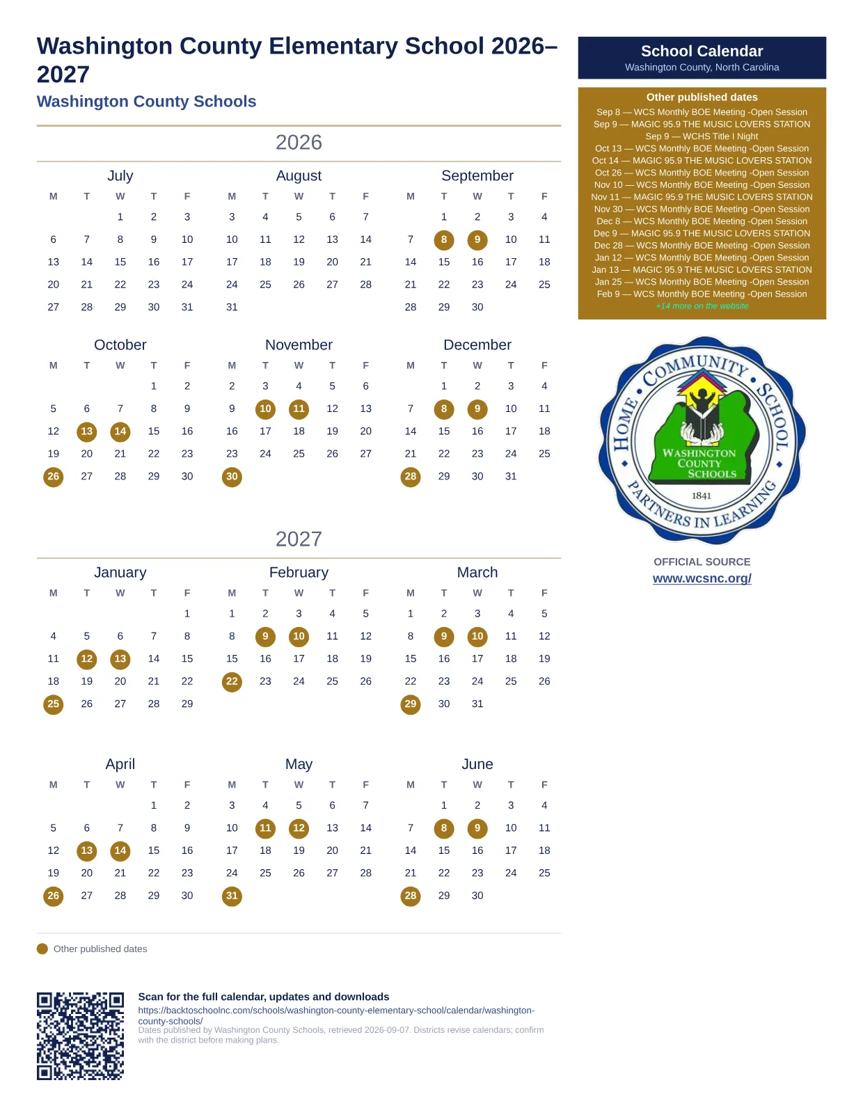 Washington County Elementary School printable calendar