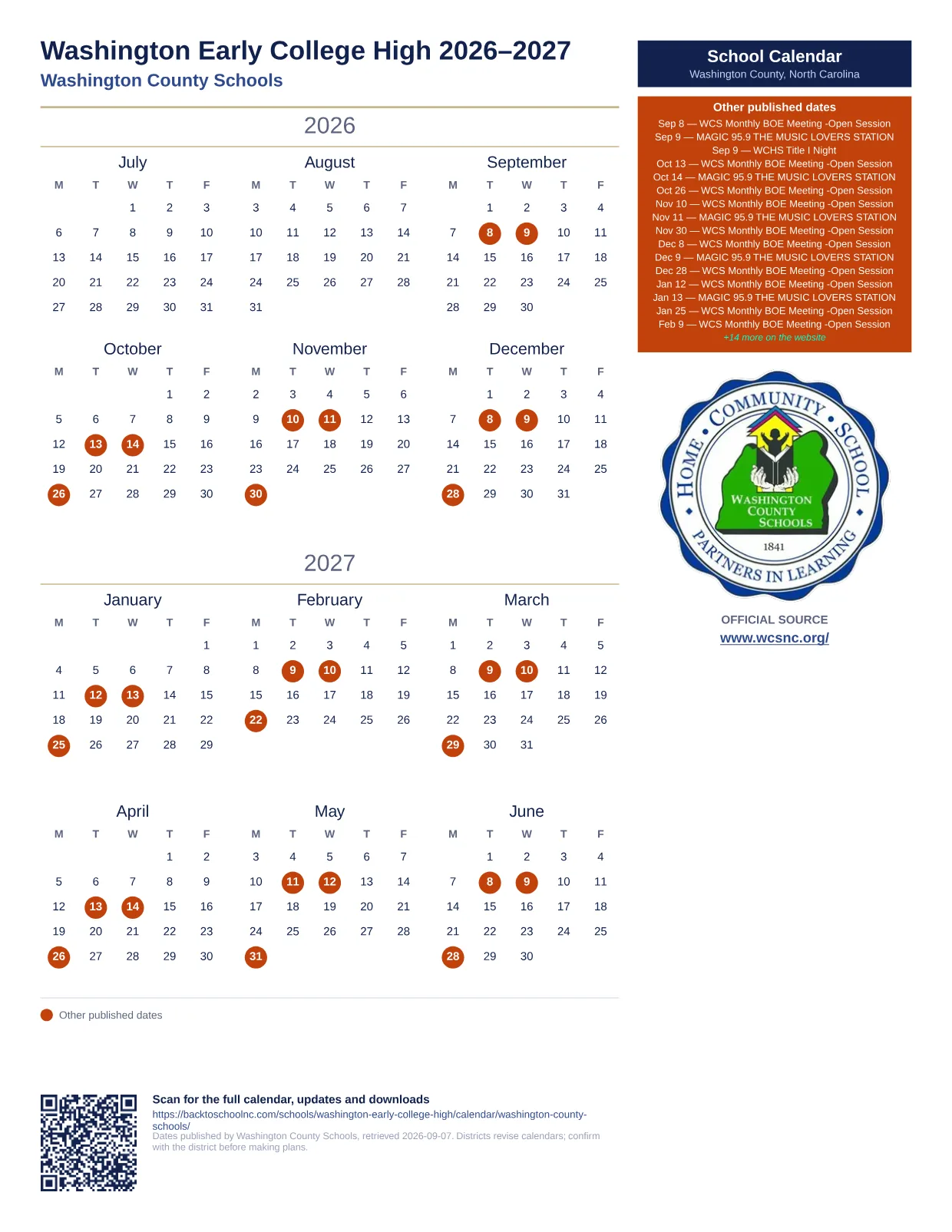 Washington Early College High printable calendar