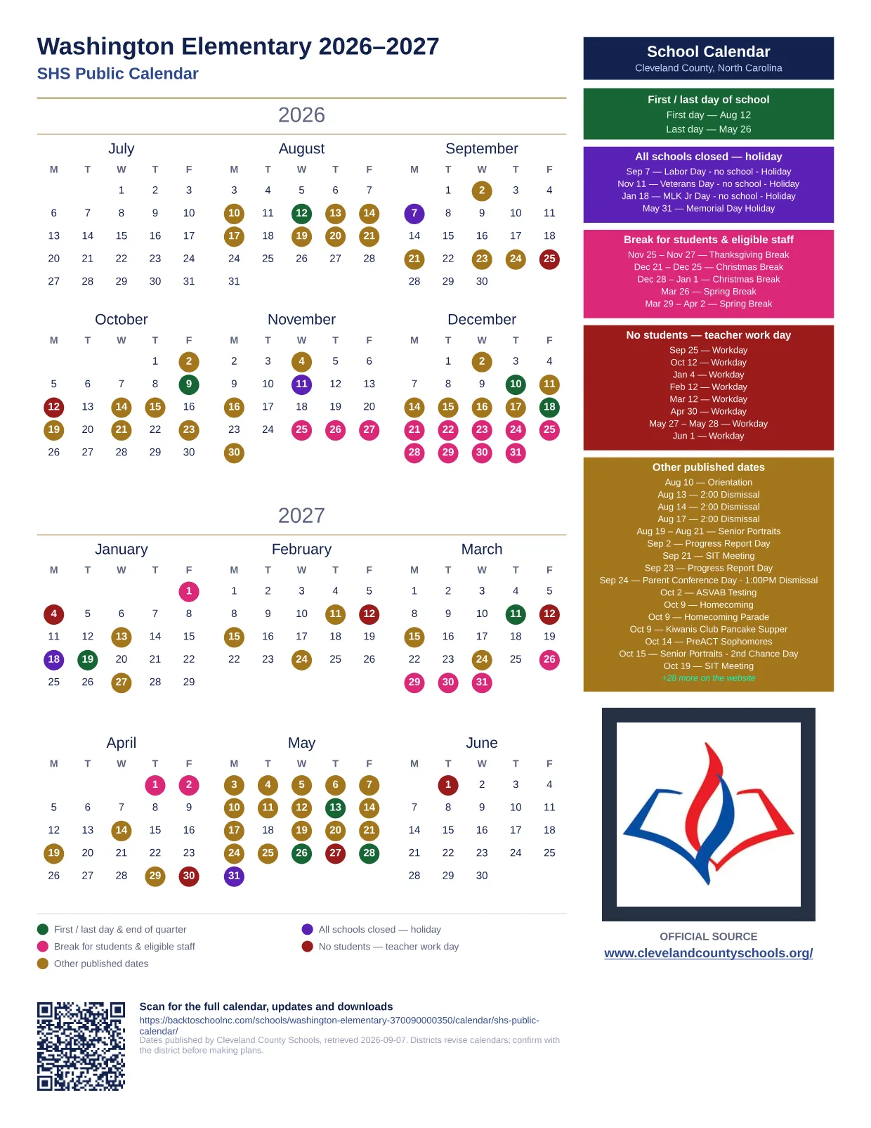 Washington Elementary 2026–2027 printable calendar
