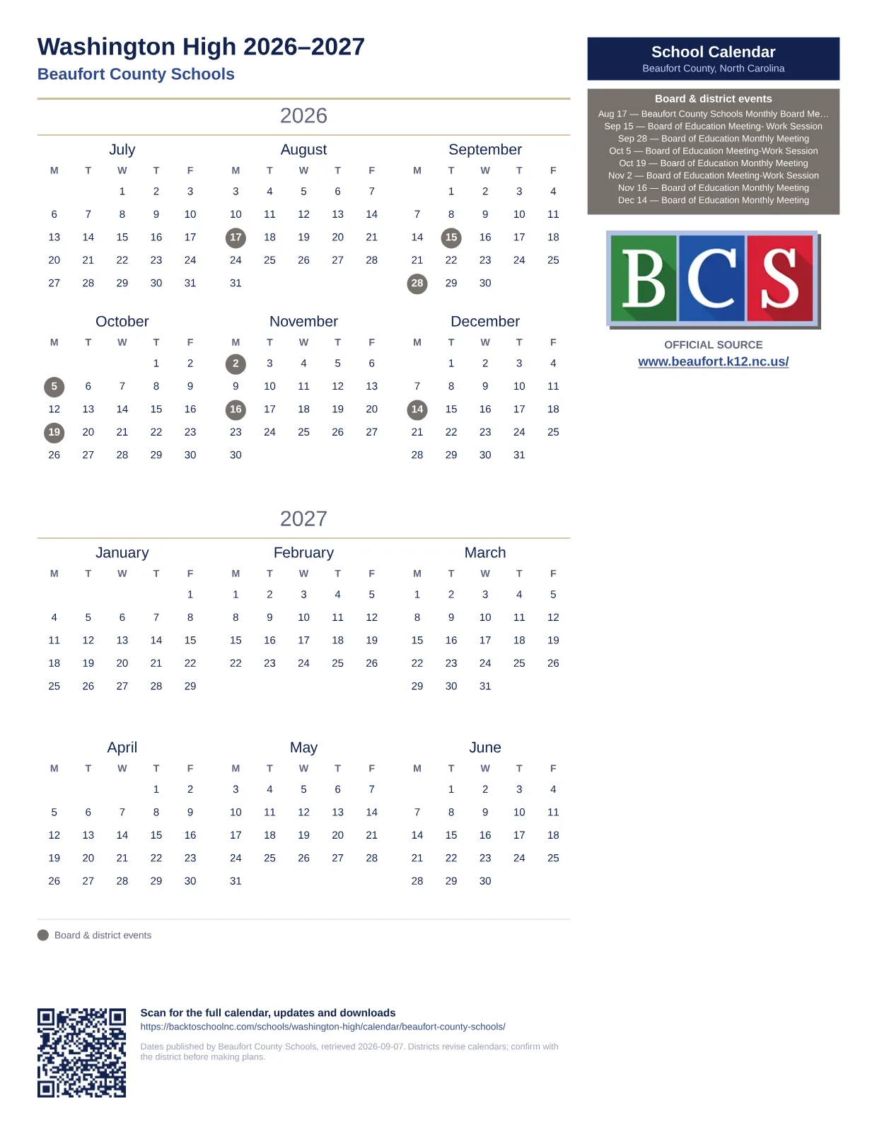 Washington High printable calendar