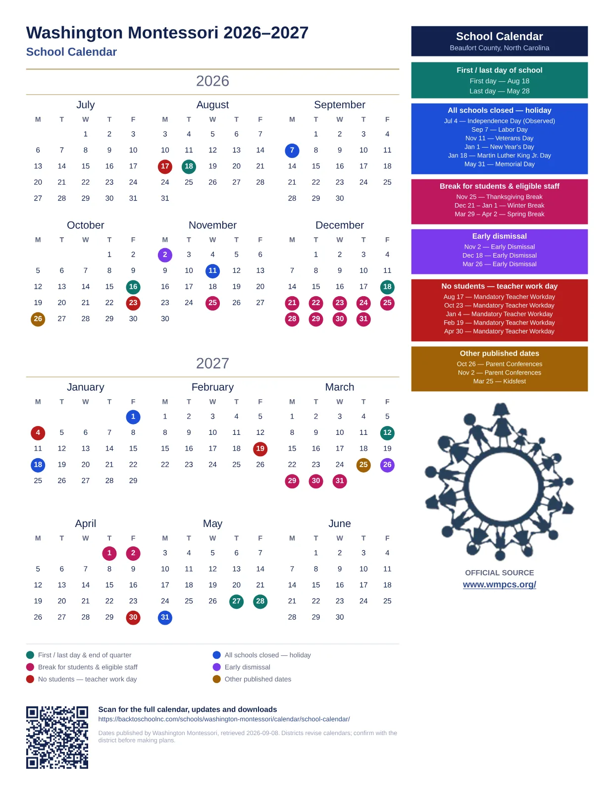 Washington Montessori School Calendar 2026–2027 printable calendar