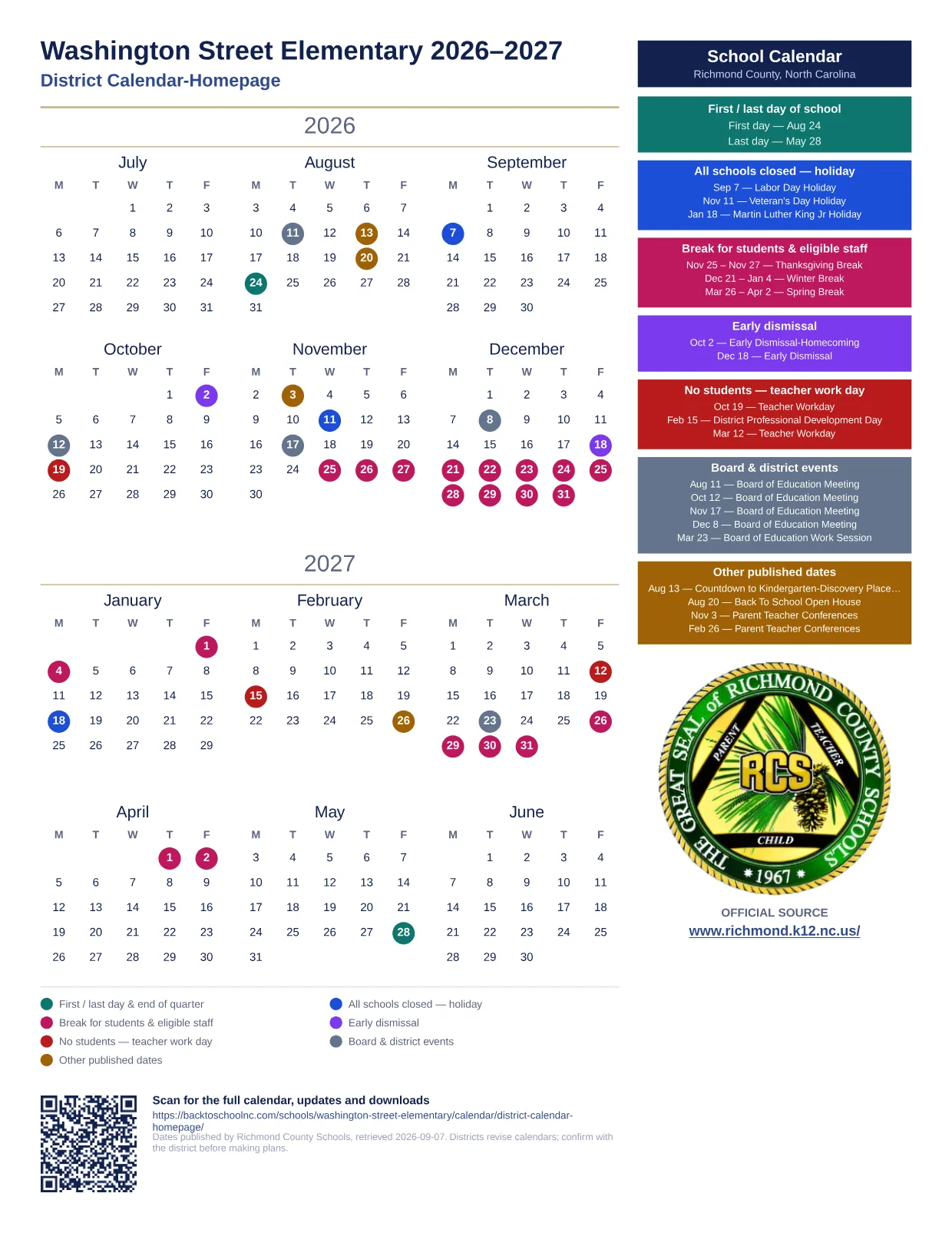 Washington Street Elementary 2026–2027 printable calendar
