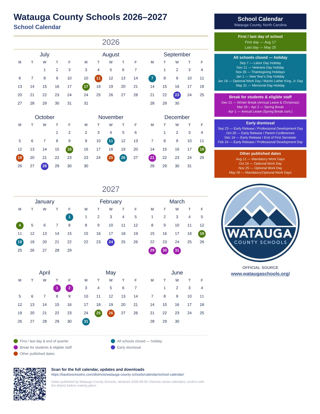 Watauga County Schools School Calendar 2026–2027 printable calendar