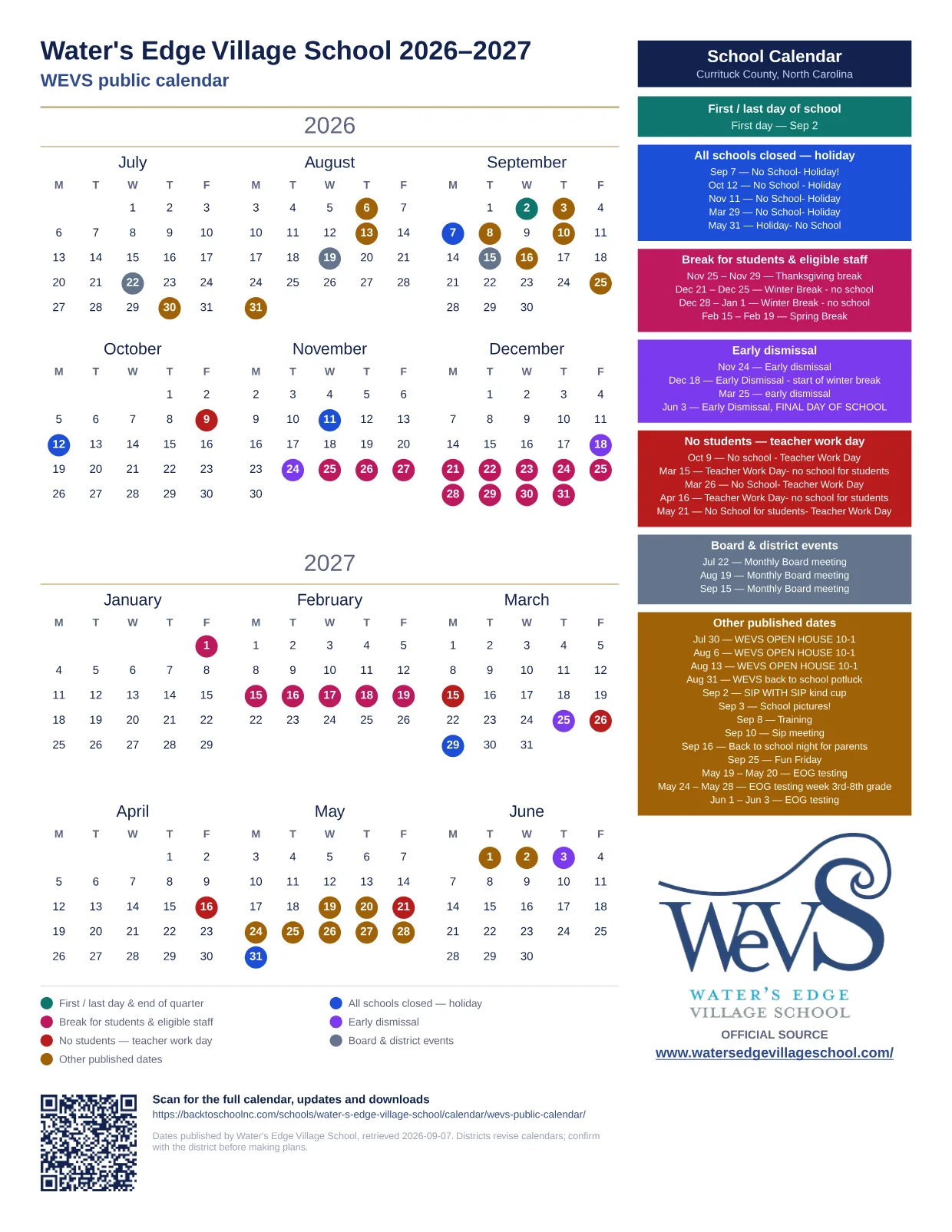Water's Edge Village School WEVS public calendar 2026–2027 printable calendar