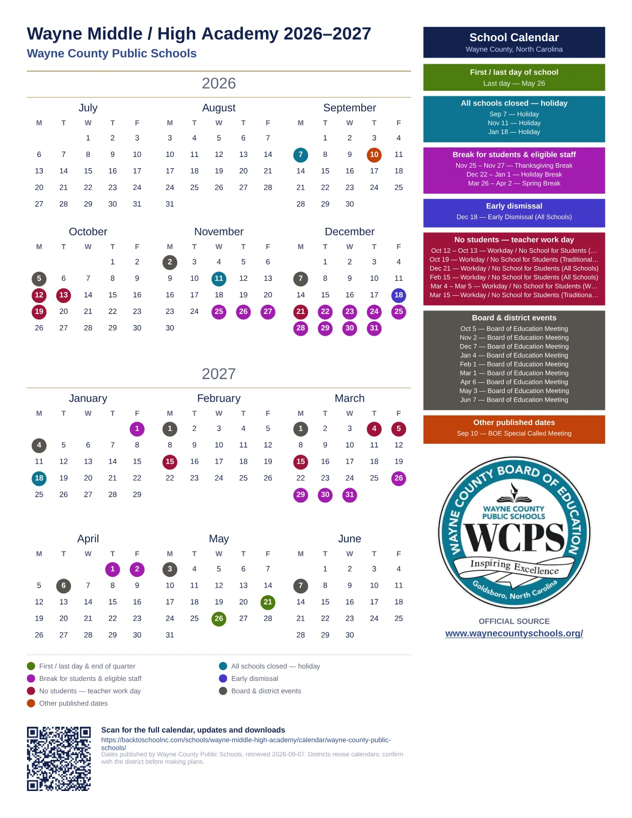 Wayne Middle / High Academy printable calendar