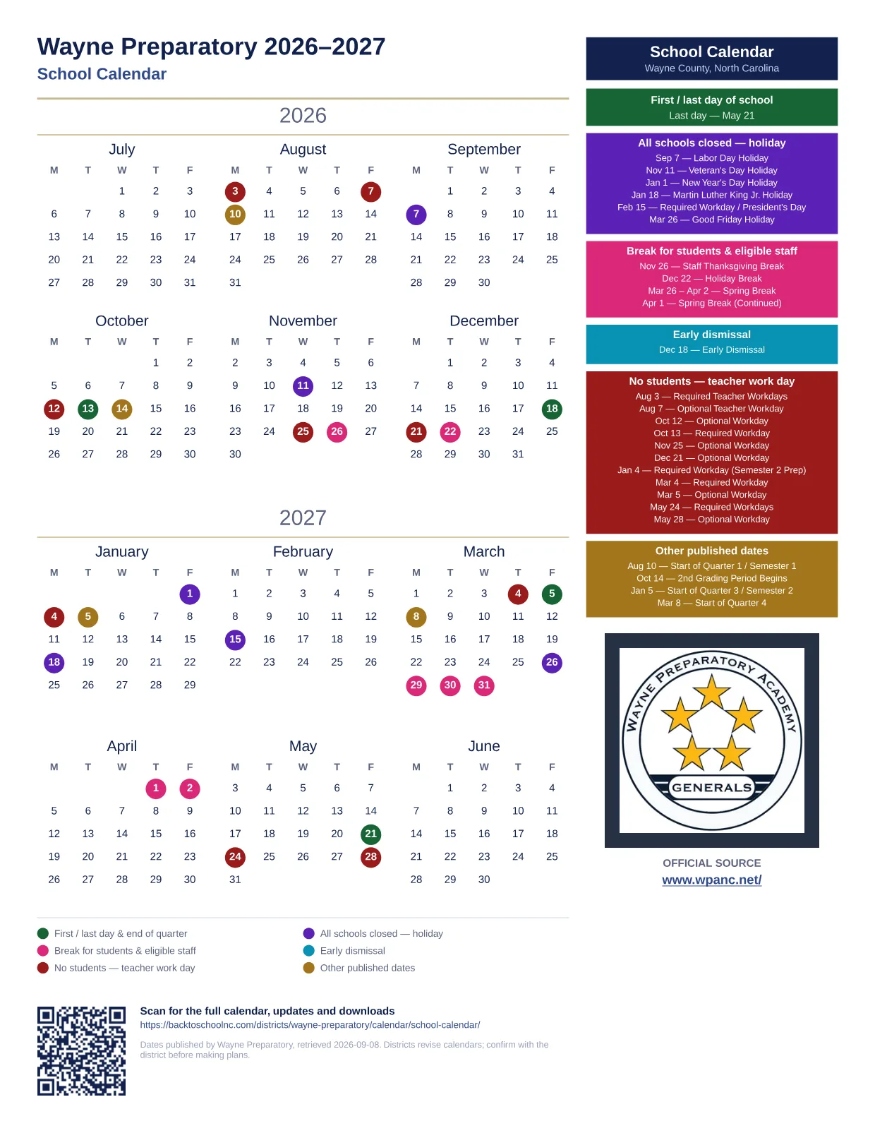 Wayne Preparatory School Calendar  printable calendar