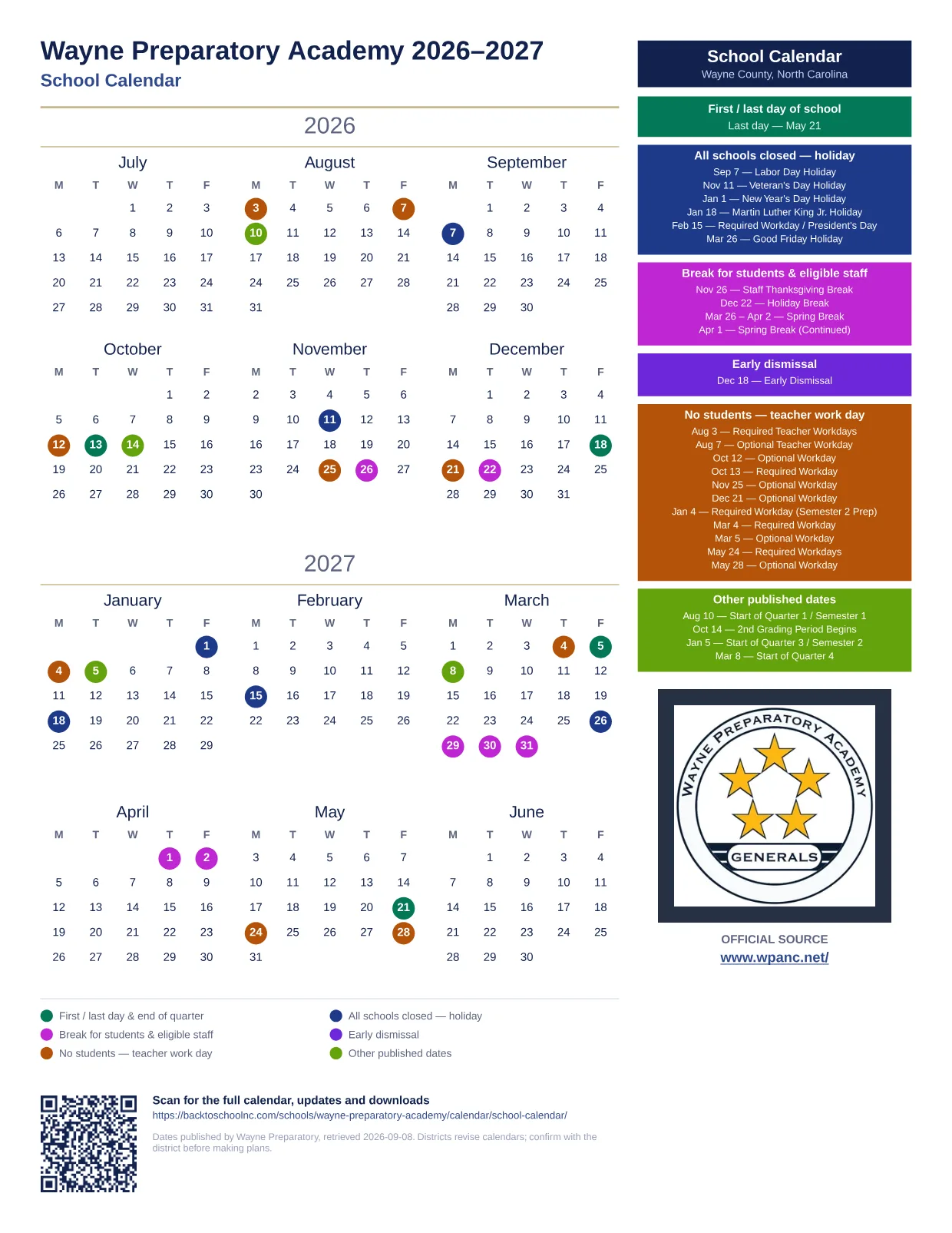 Wayne Preparatory Academy printable calendar