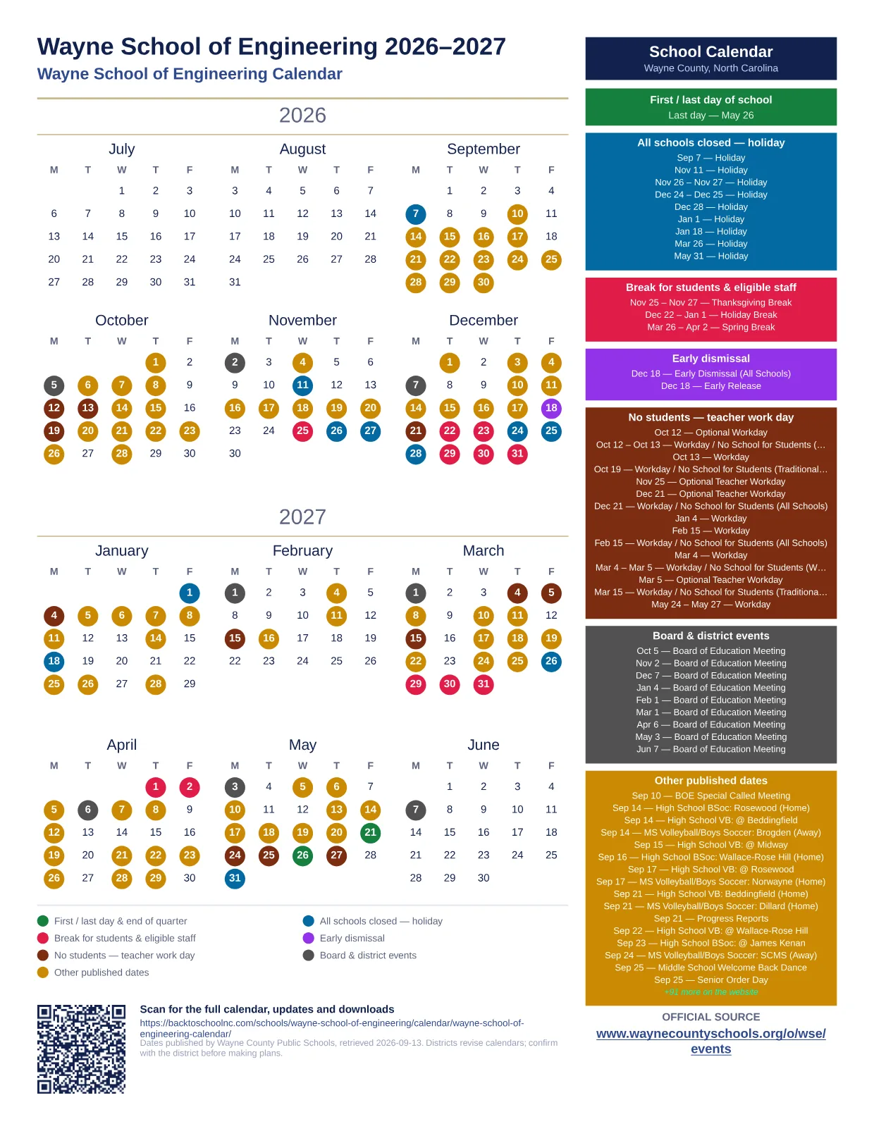 Wayne School of Engineering  printable calendar