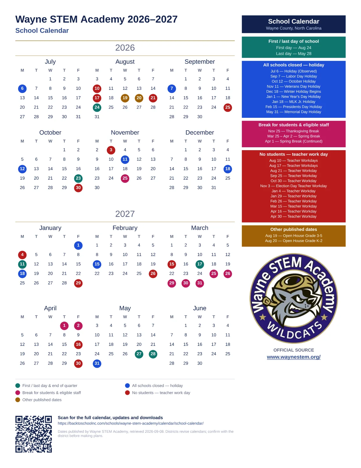 Wayne STEM Academy School Calendar 2026–2027 printable calendar