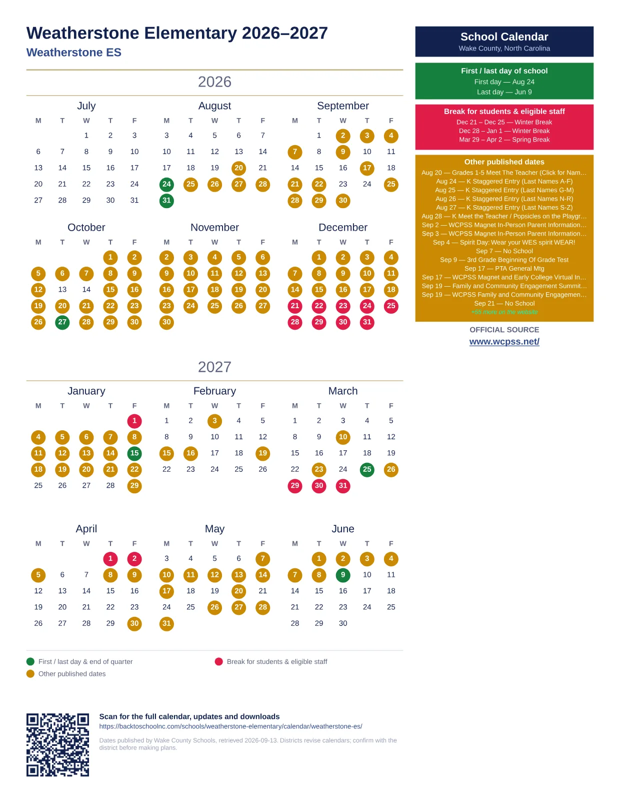 Weatherstone Elementary 2026–2027 printable calendar