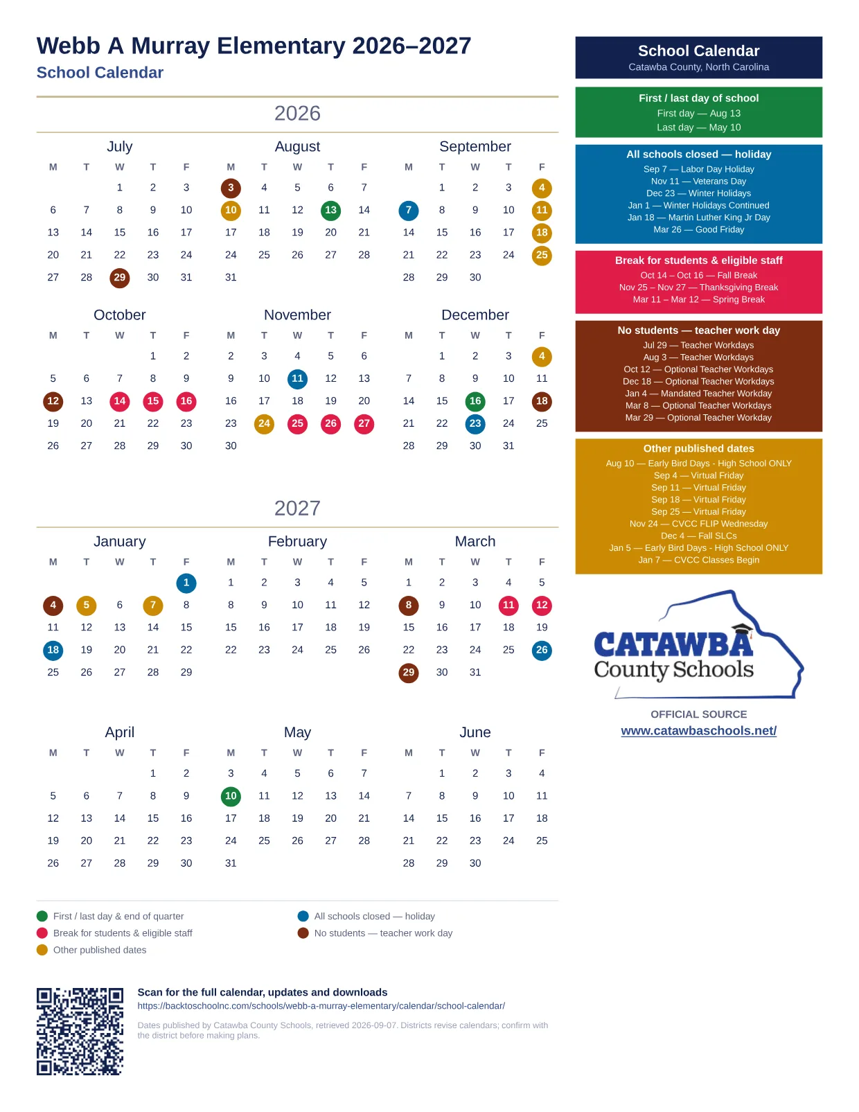 Webb A Murray Elementary 2026–2027 printable calendar