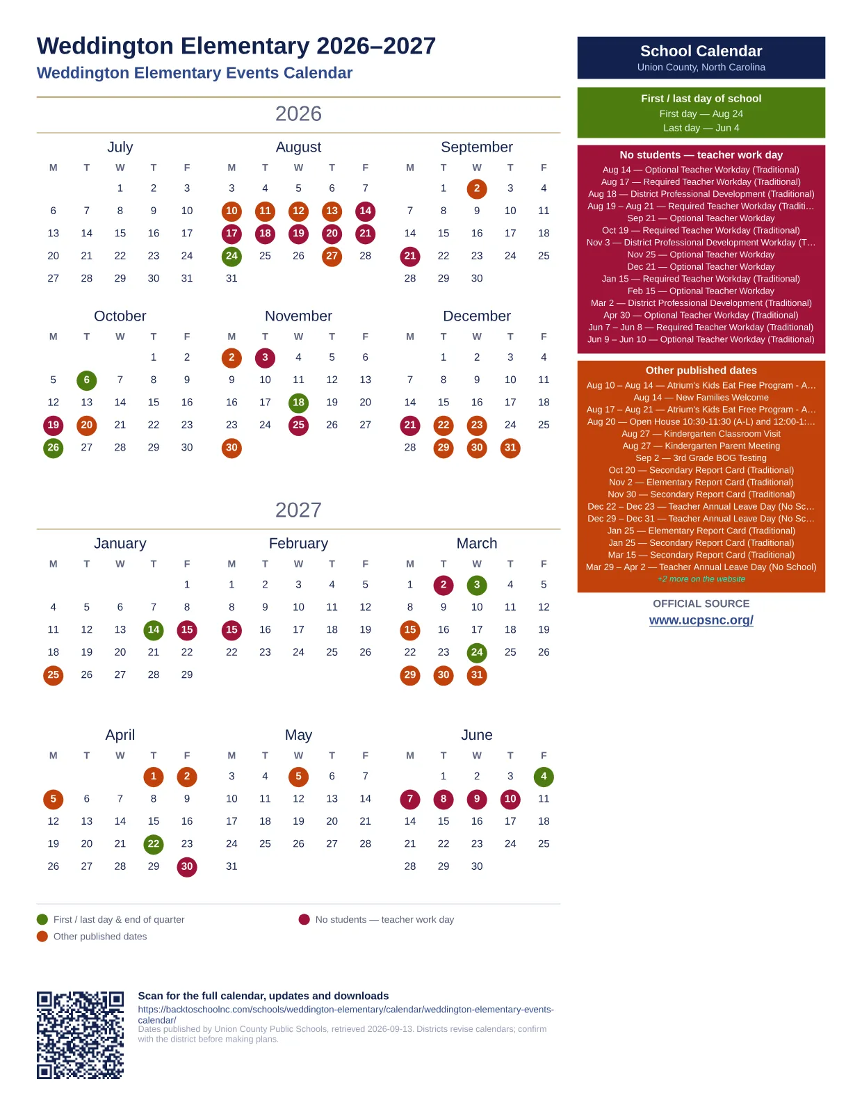 Weddington Elementary 2026–2027 printable calendar