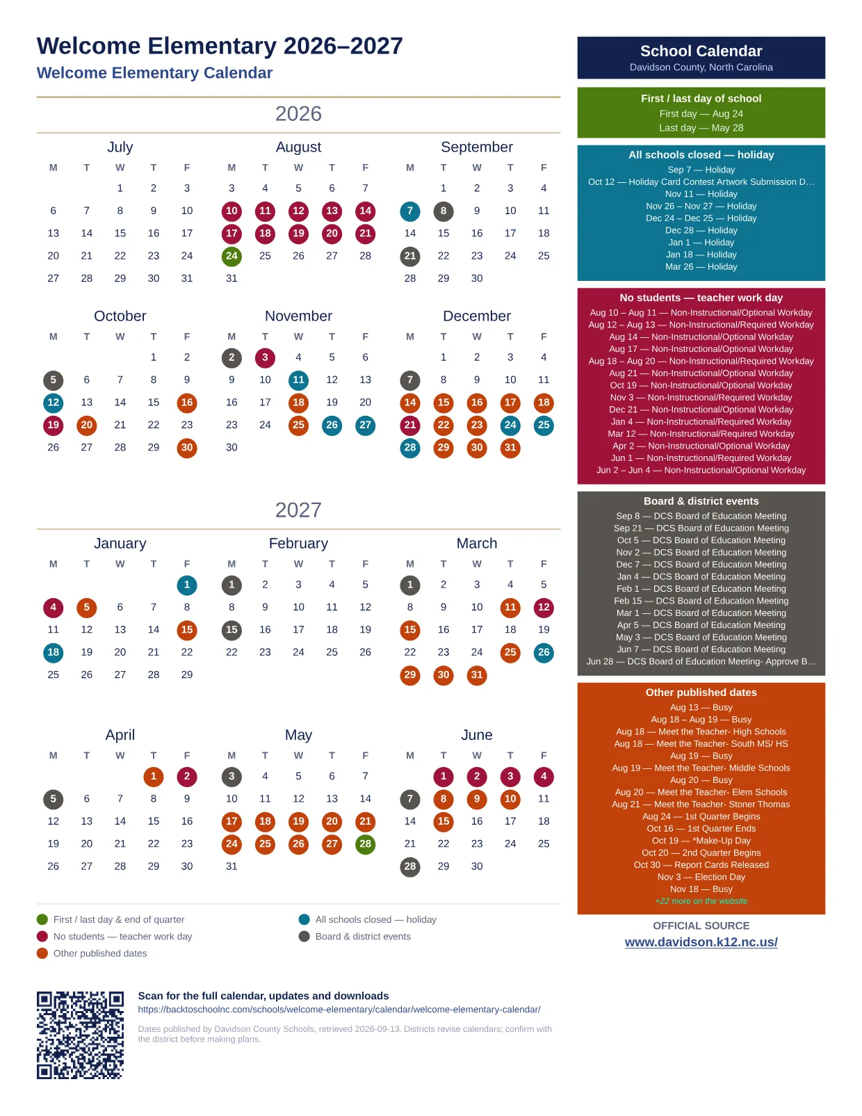 Welcome Elementary 2026–2027 printable calendar