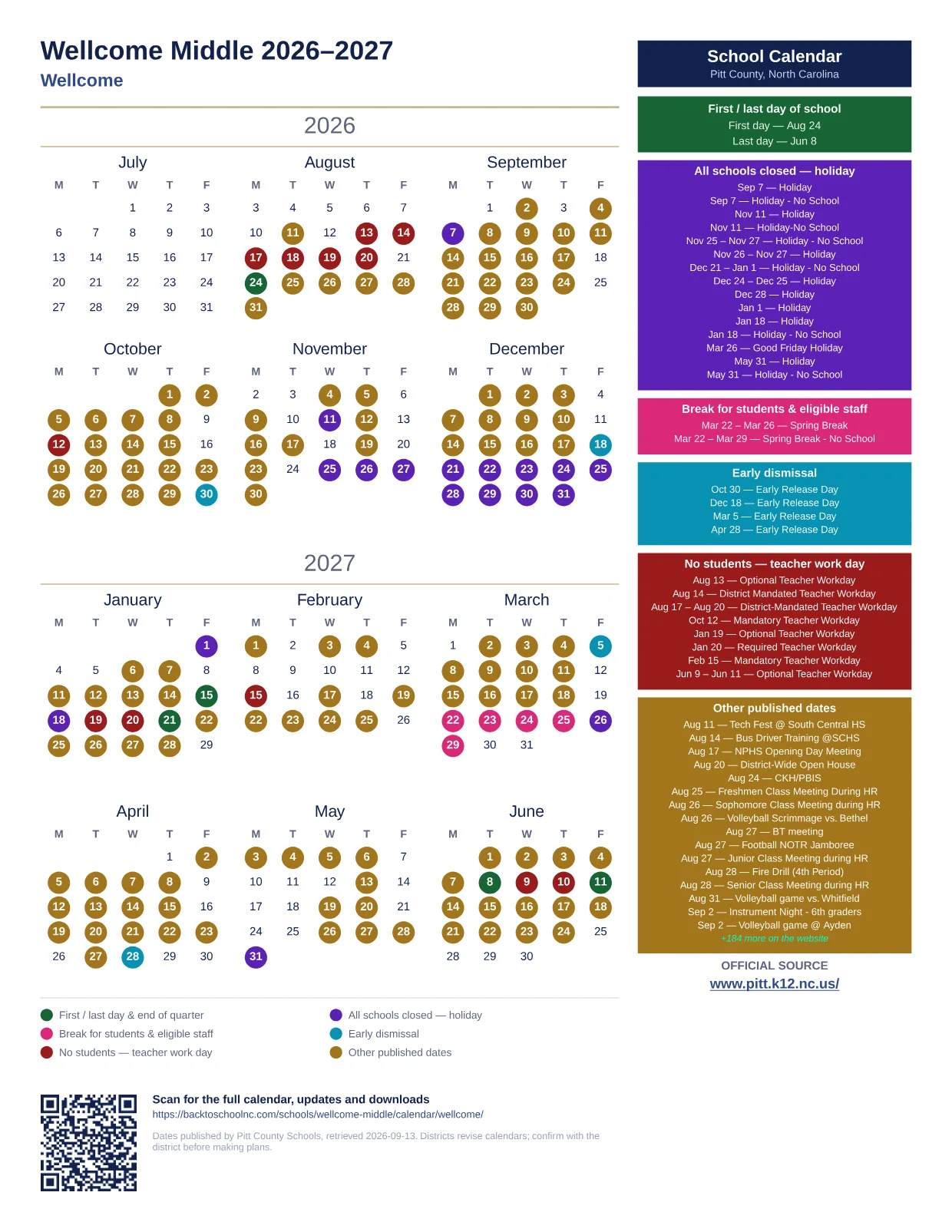 Wellcome Middle 2026–2027 printable calendar