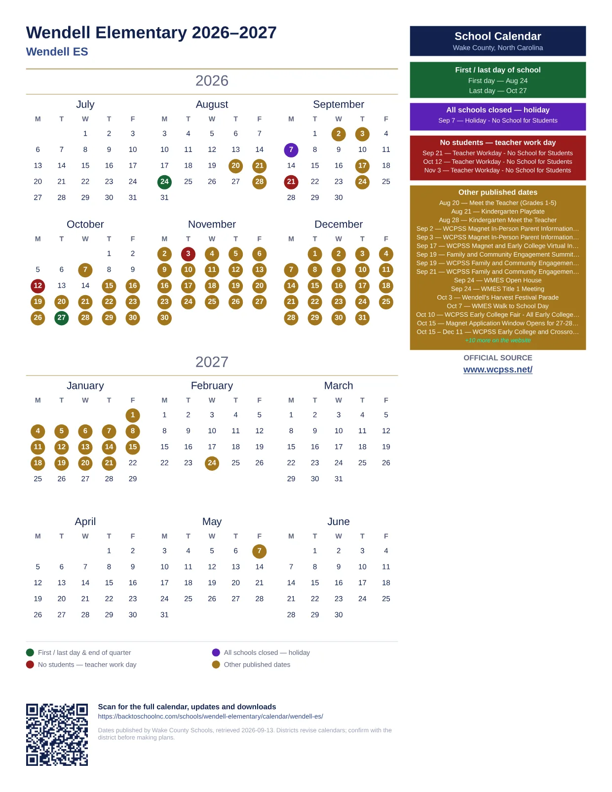 Wendell Elementary 2026–2027 printable calendar