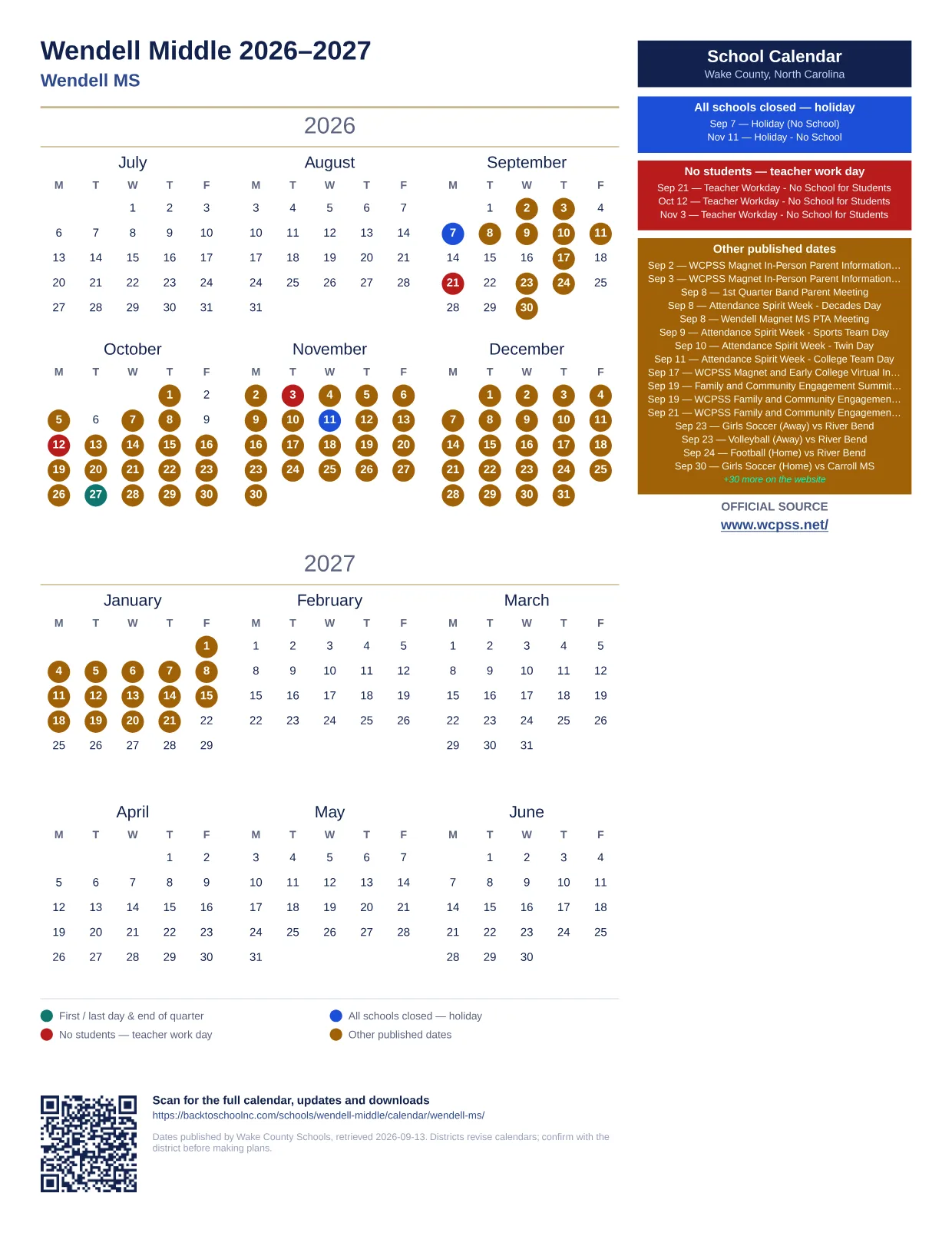 Wendell Middle  printable calendar