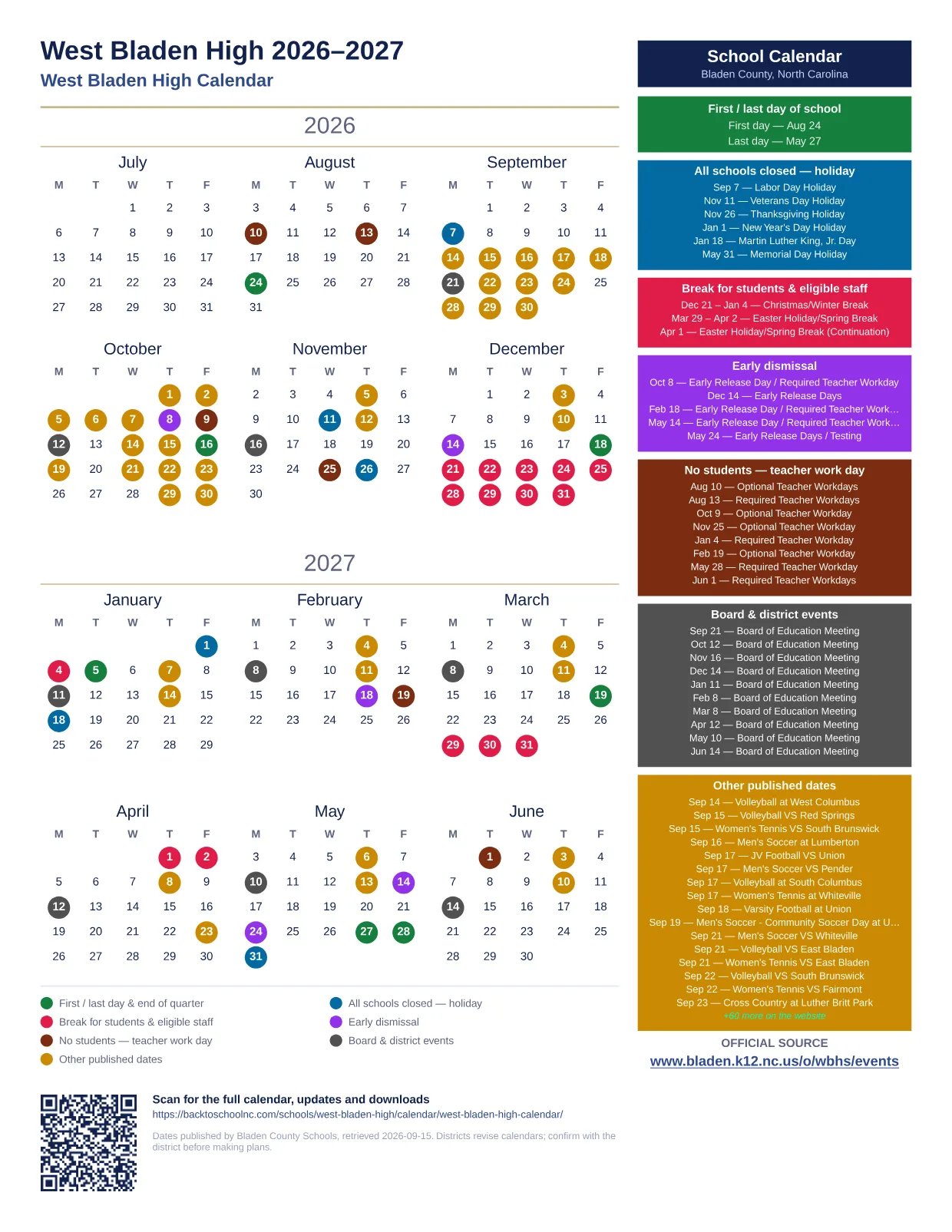 West Bladen High 2026–2027 printable calendar