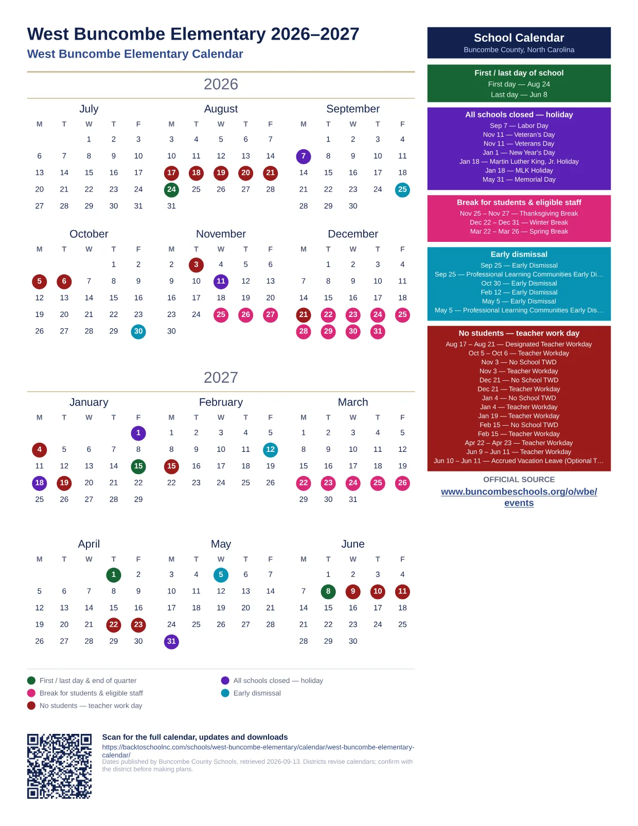 West Buncombe Elementary printable calendar
