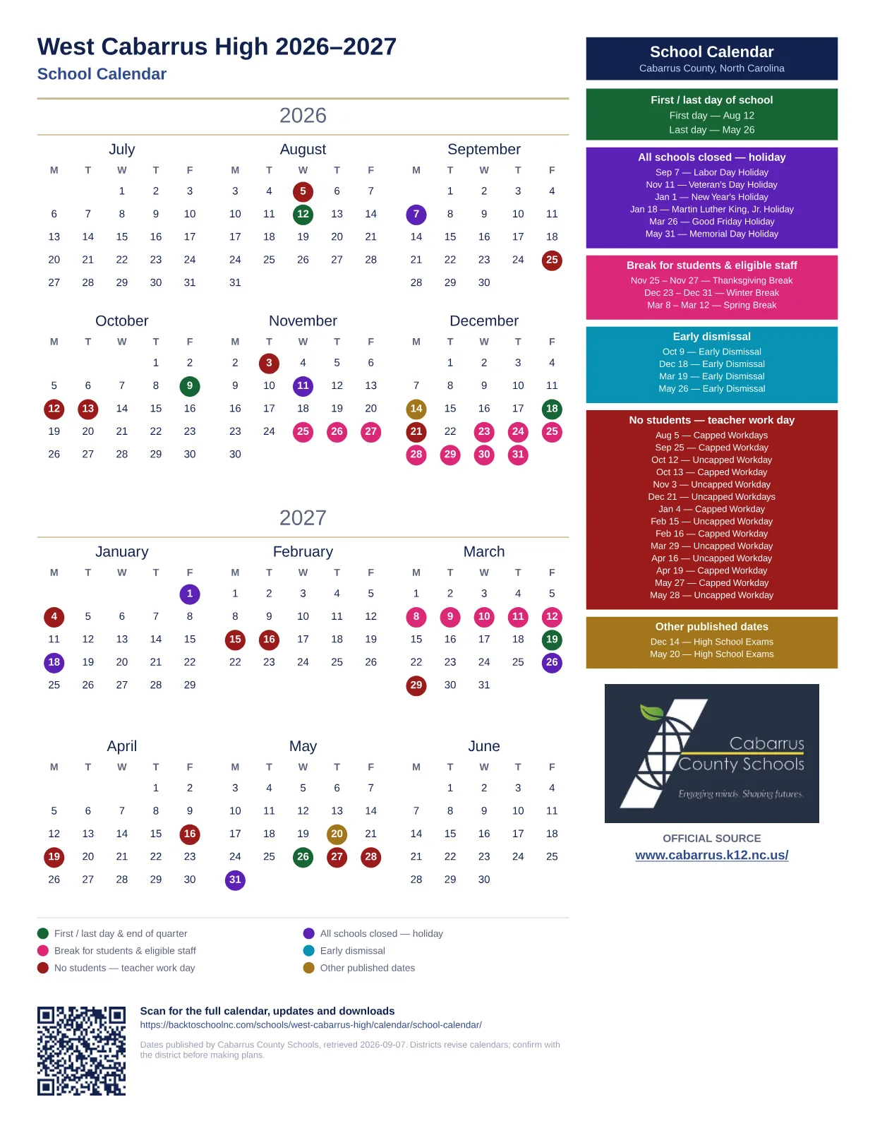 West Cabarrus High 2026–2027 printable calendar