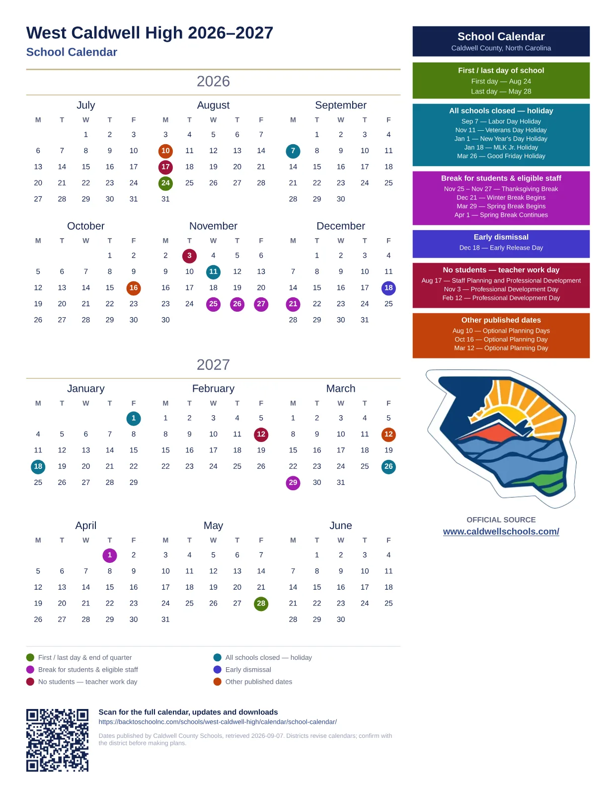West Caldwell High 2026–2027 printable calendar