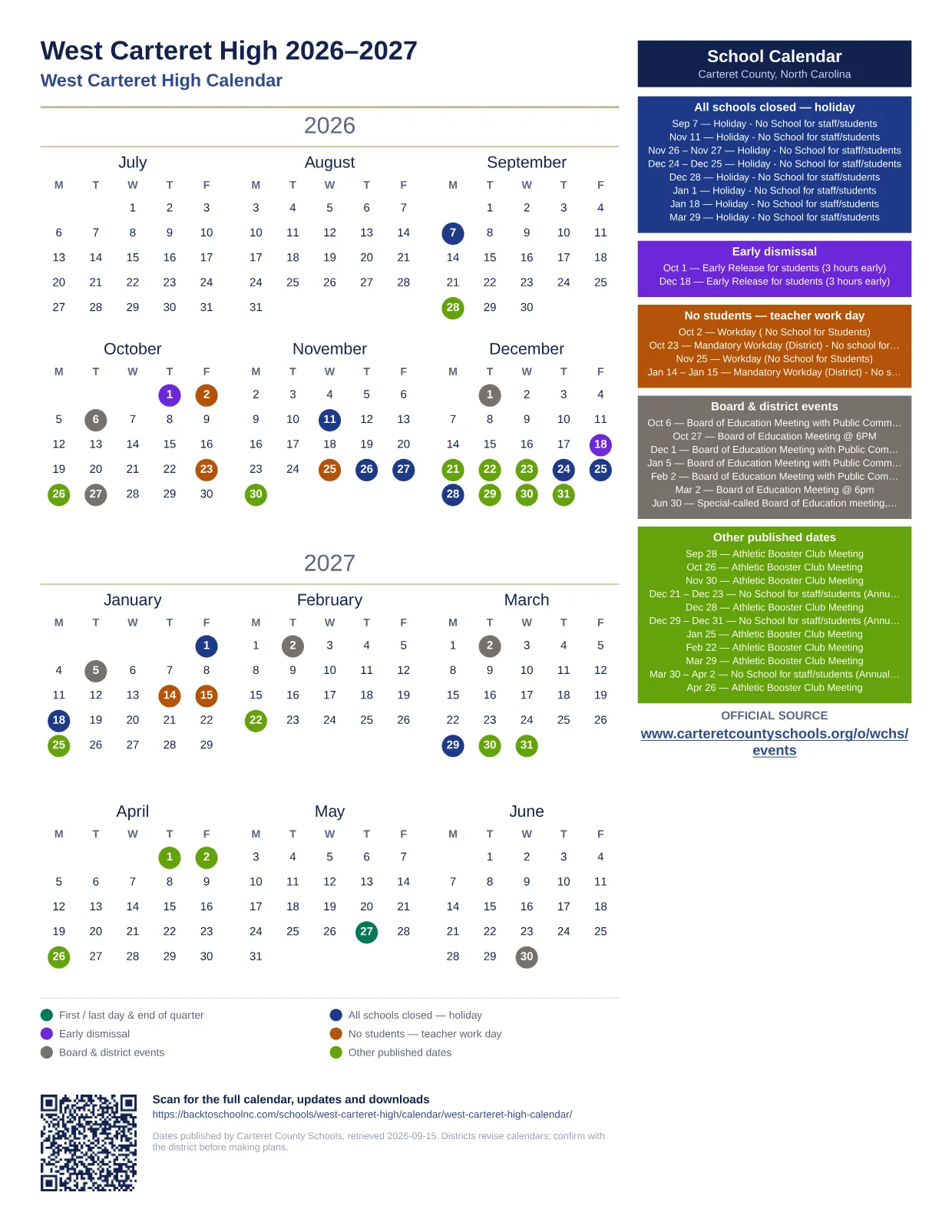 West Carteret High  printable calendar