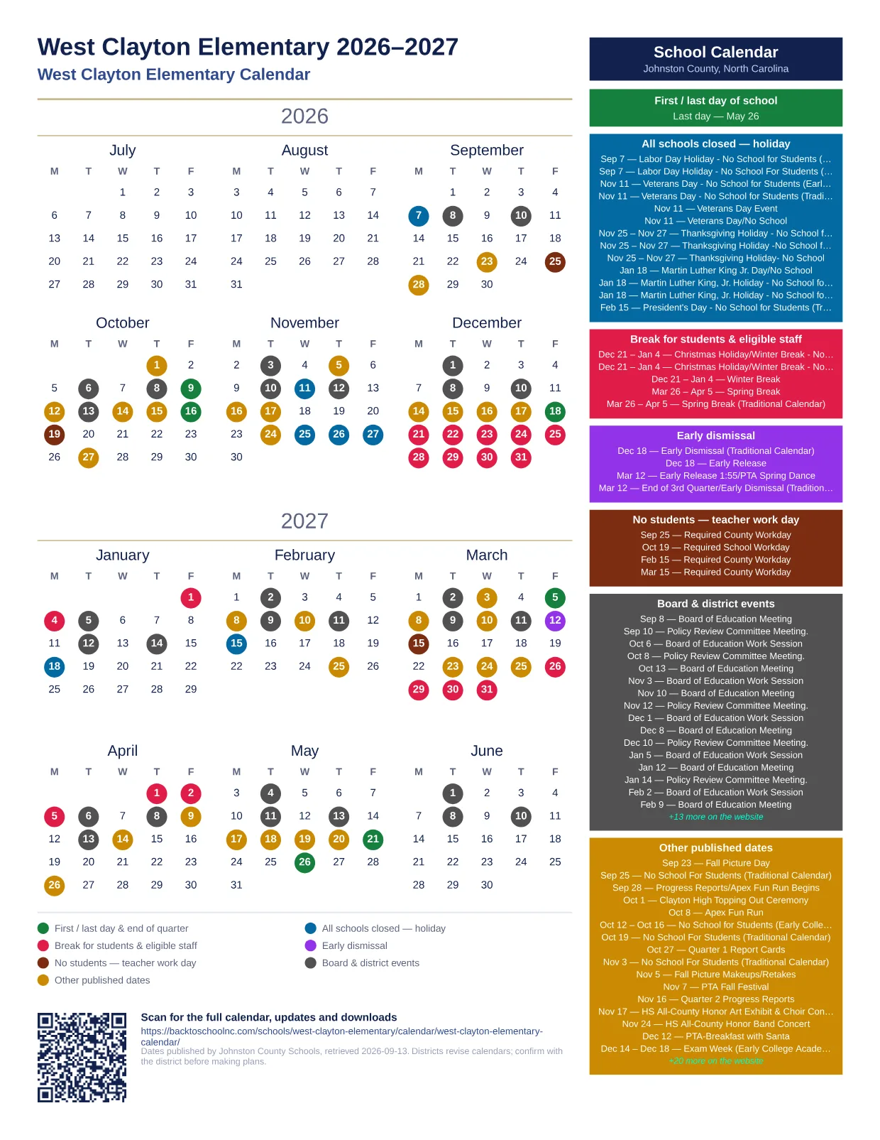 West Clayton Elementary  printable calendar