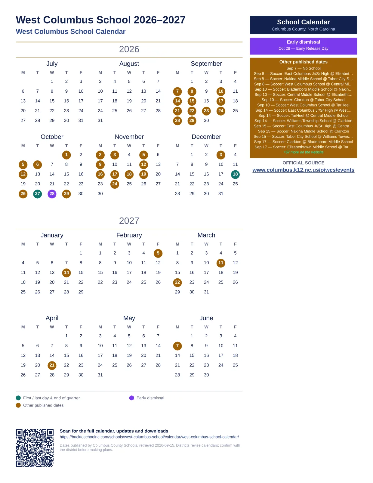 West Columbus School  printable calendar