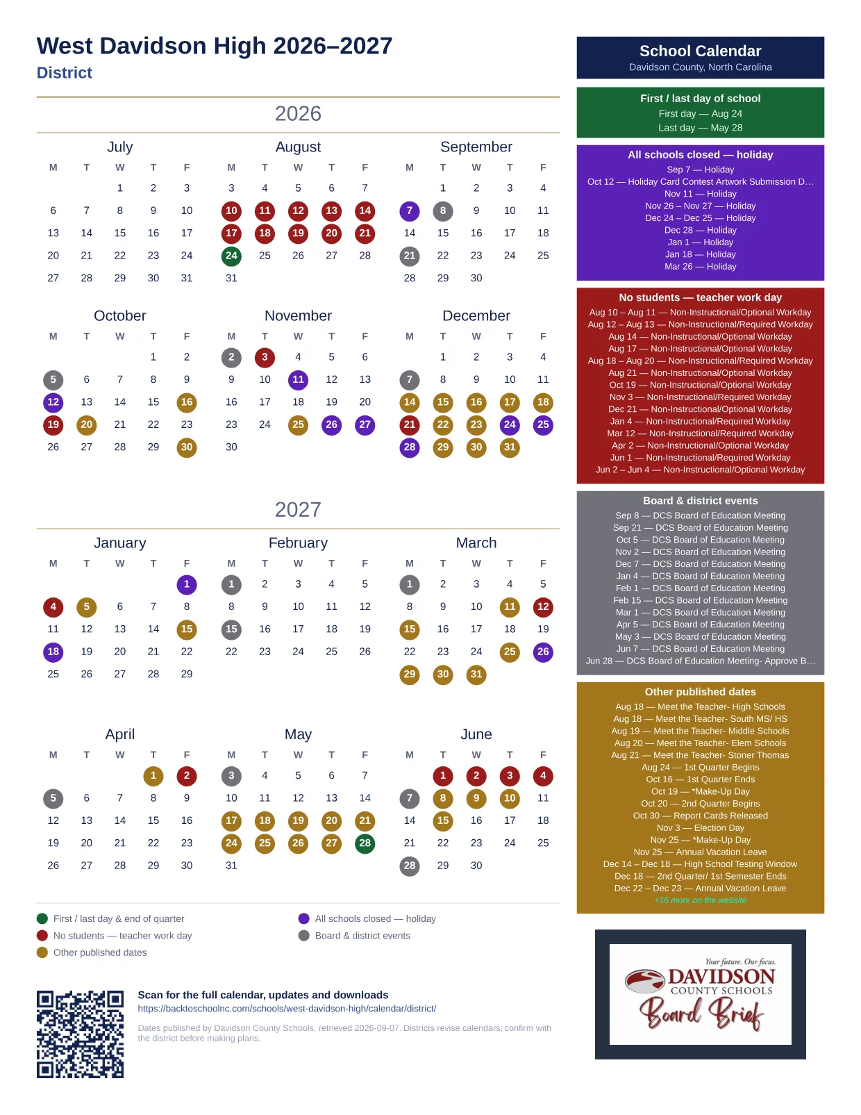 West Davidson High 2026–2027 printable calendar