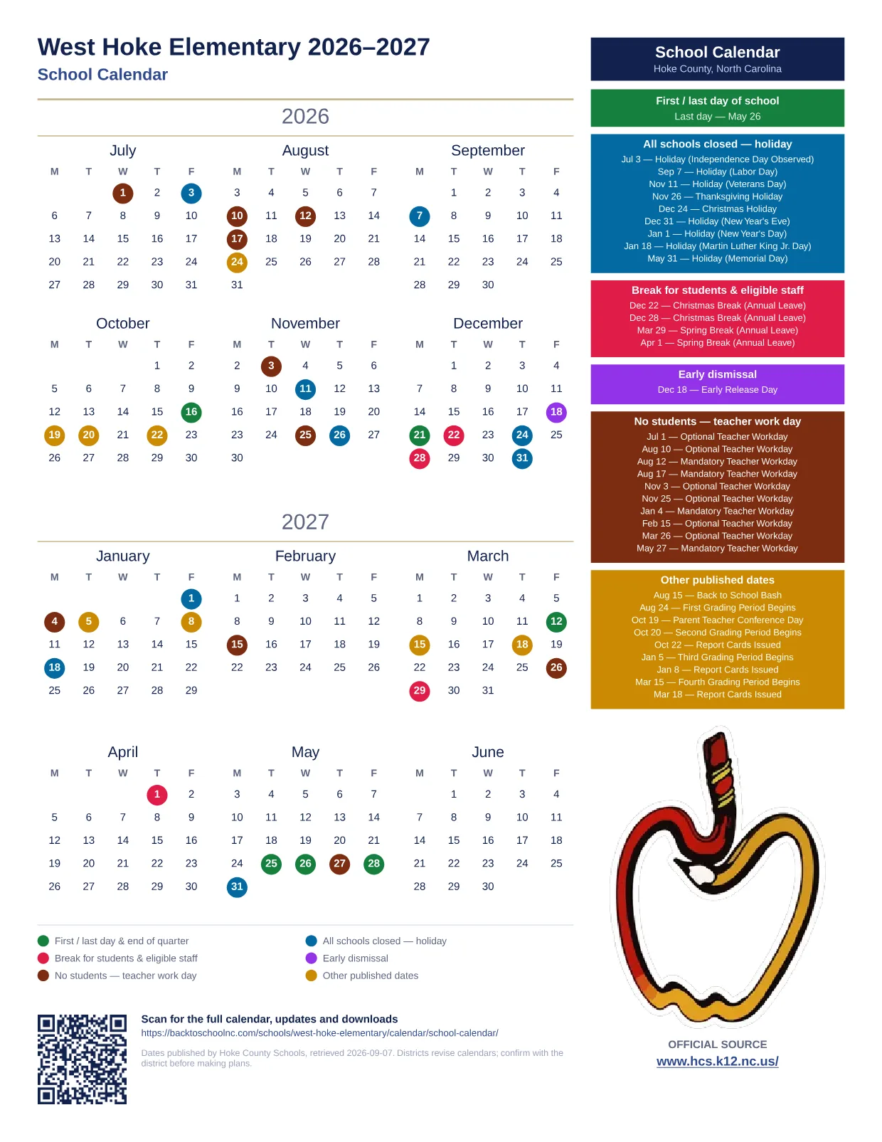 West Hoke Elementary printable calendar