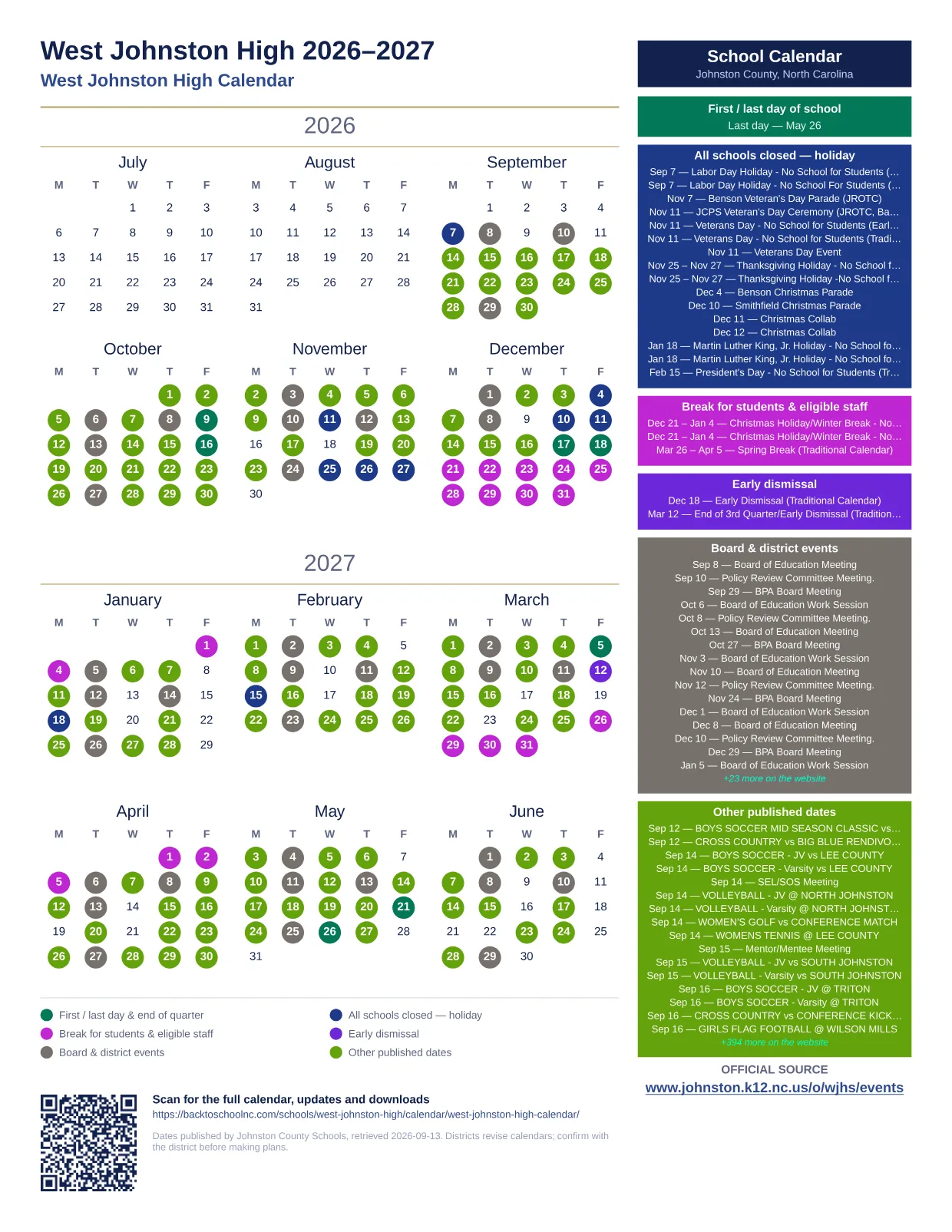 West Johnston High  printable calendar