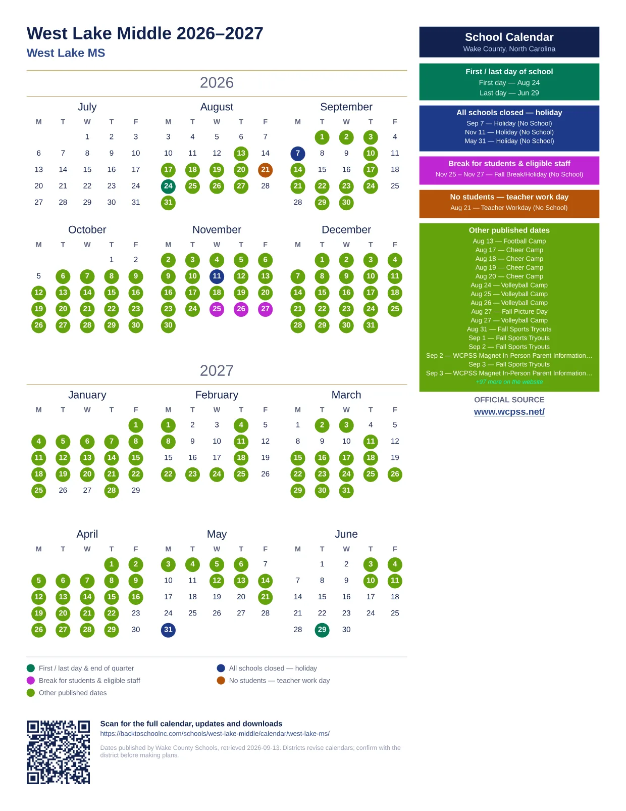 West Lake Middle 2026–2027 printable calendar