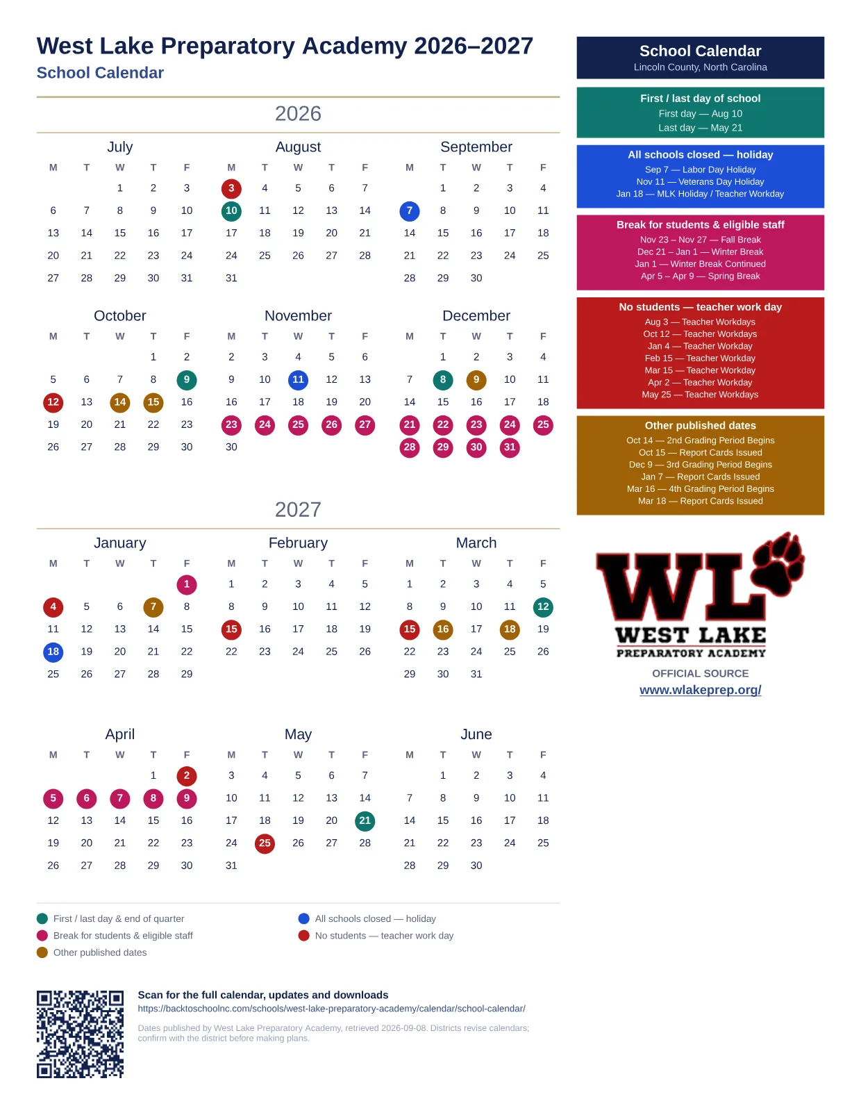 West Lake Preparatory Academy School Calendar 2026–2027 printable calendar