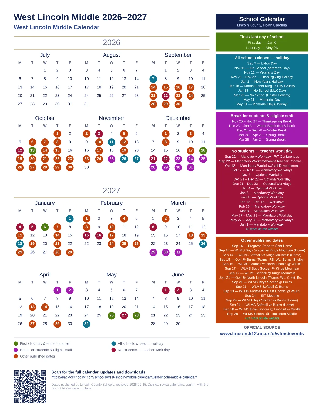 West Lincoln Middle 2027–2028 printable calendar