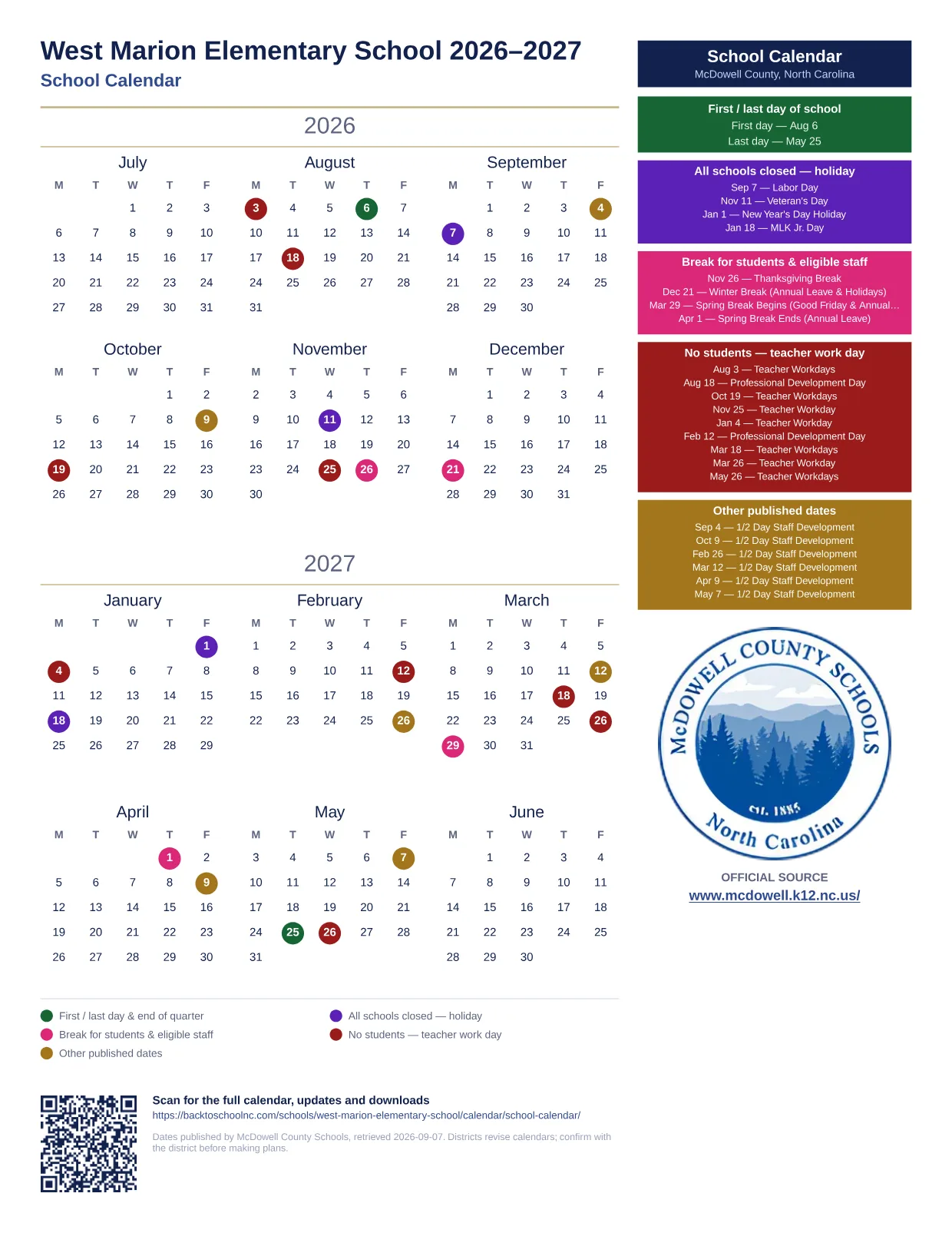 West Marion Elementary School 2026–2027 printable calendar