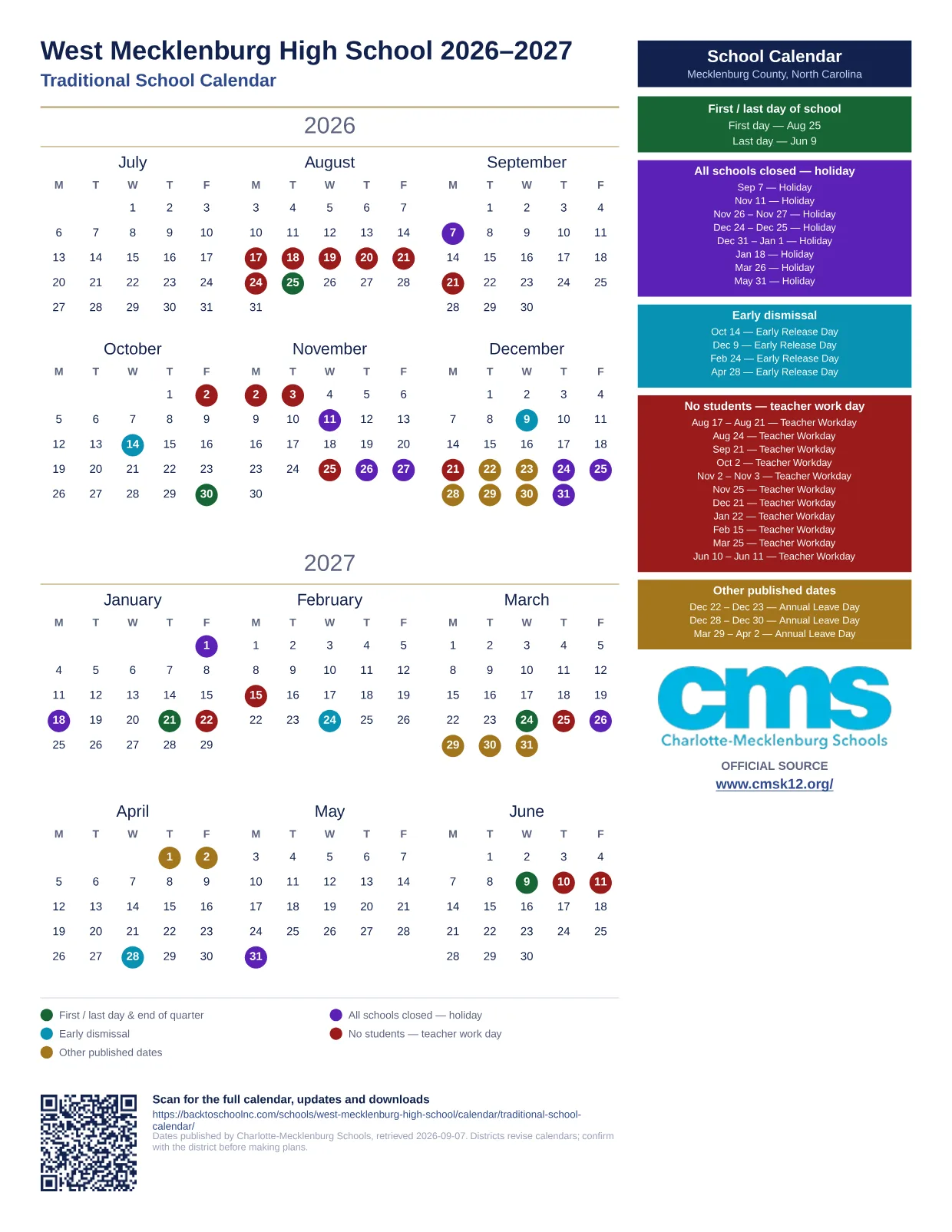 West Mecklenburg High School 2026–2027 printable calendar
