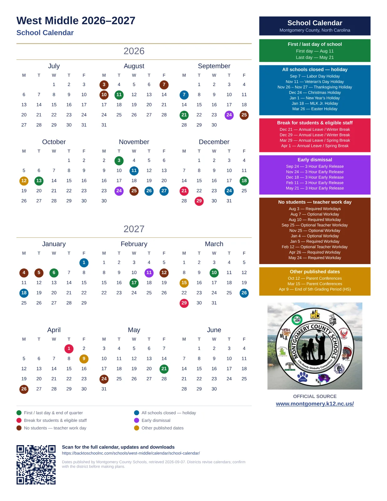 West Middle 2026–2027 printable calendar