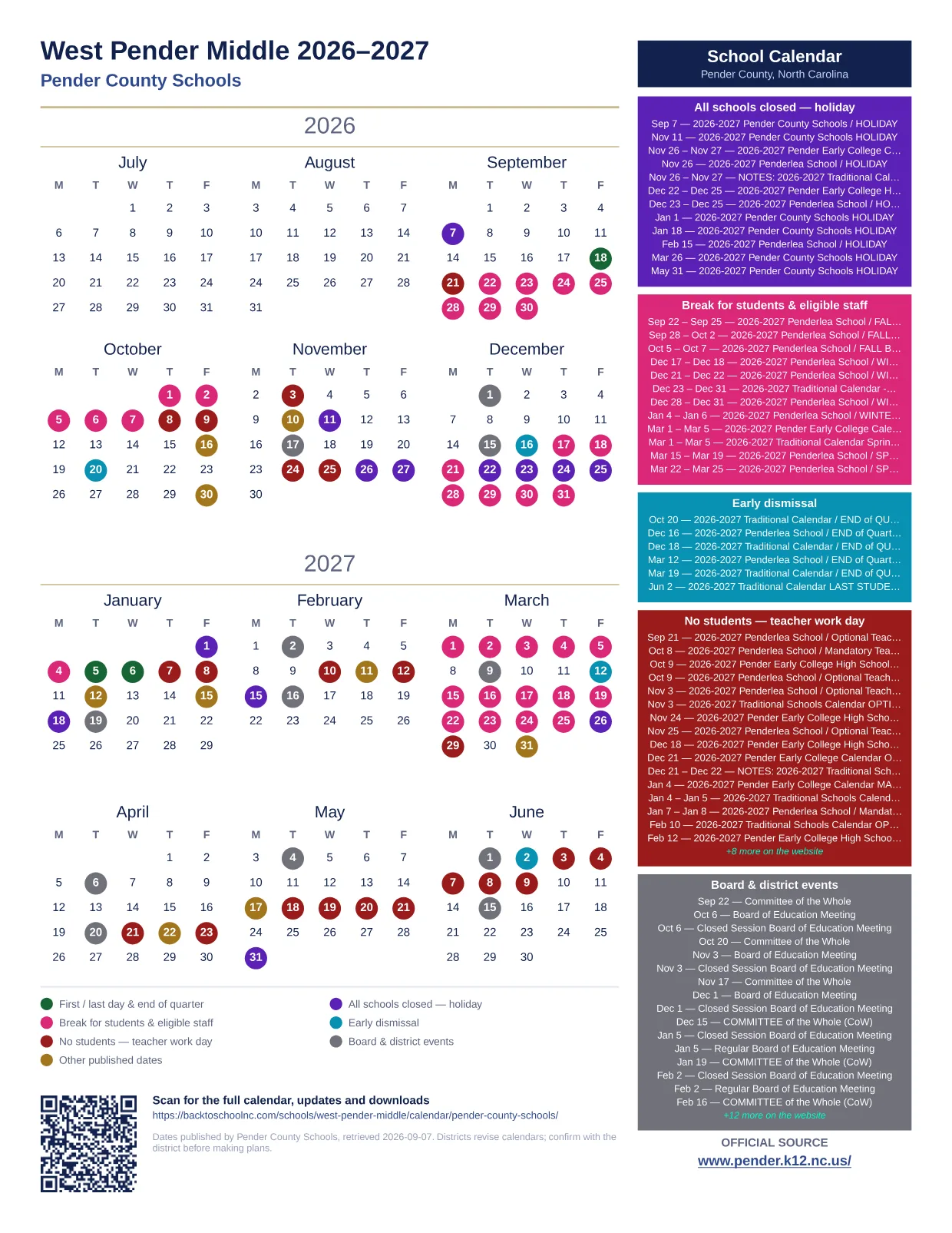 West Pender Middle  printable calendar