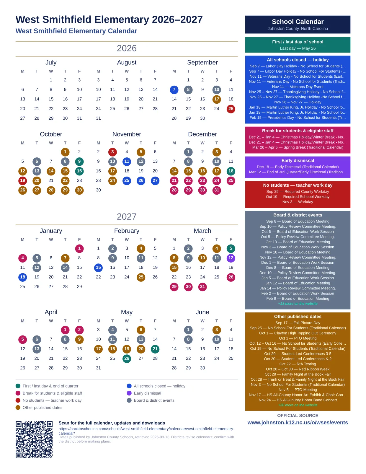 West Smithfield Elementary  printable calendar
