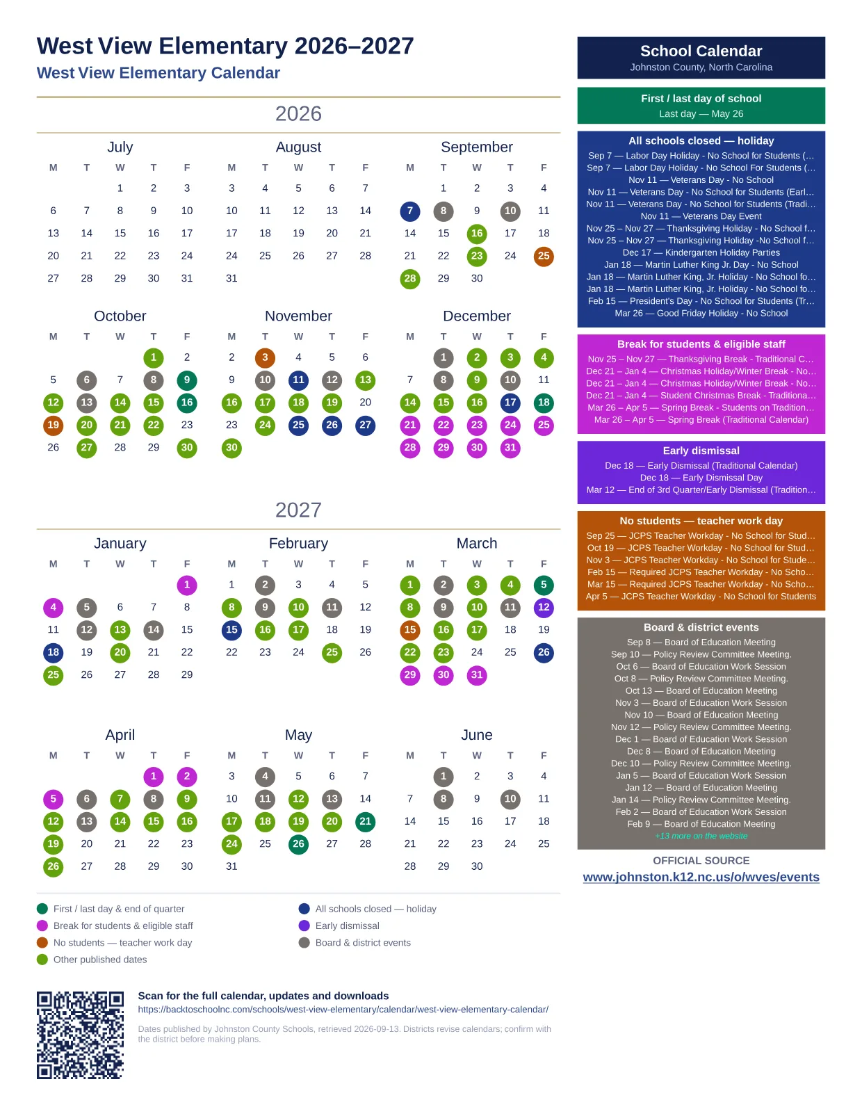 West View Elementary printable calendar
