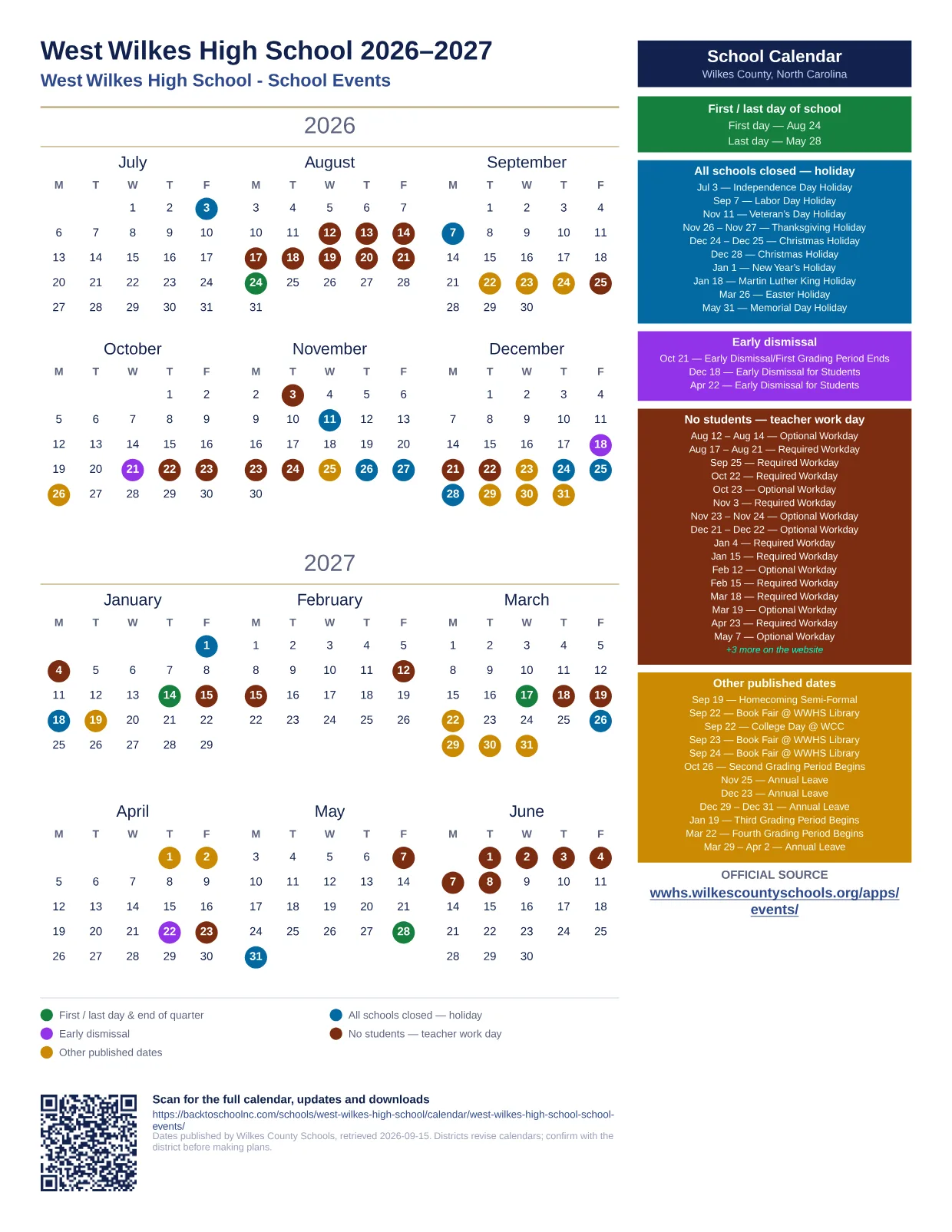West Wilkes High School 2026–2027 printable calendar