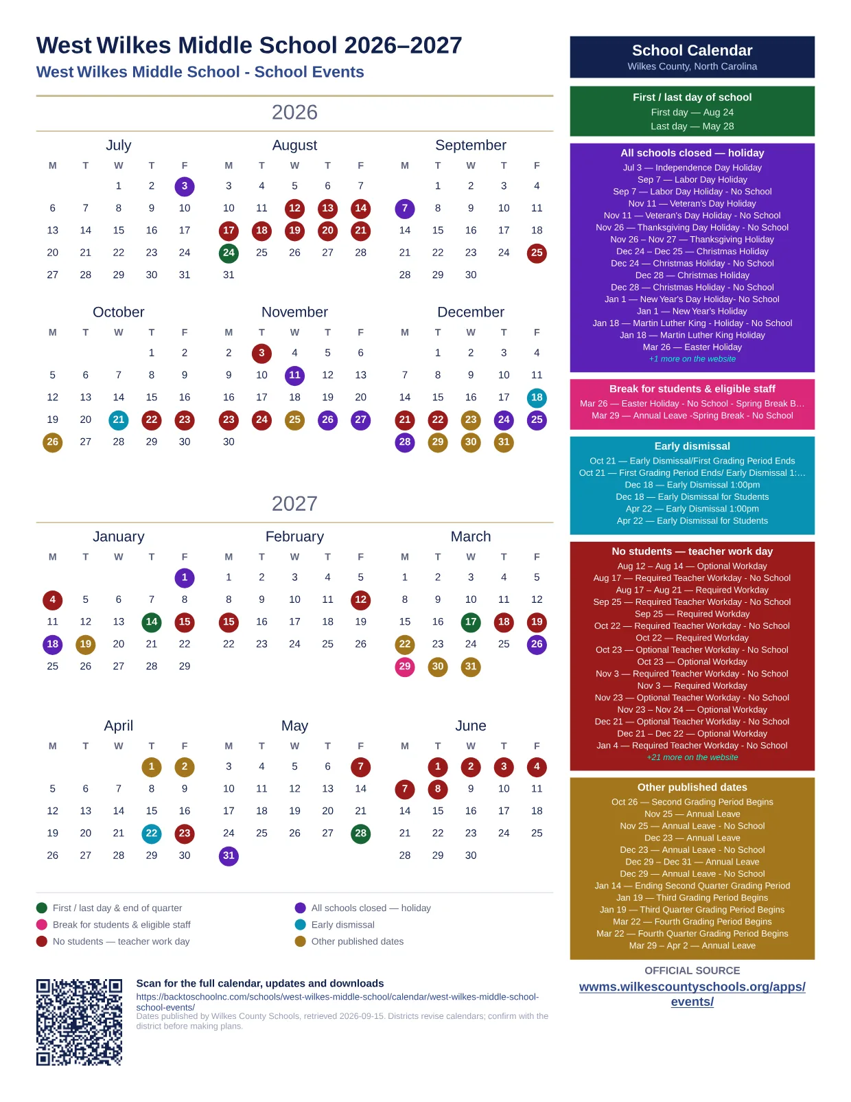 West Wilkes Middle School 2026–2027 printable calendar