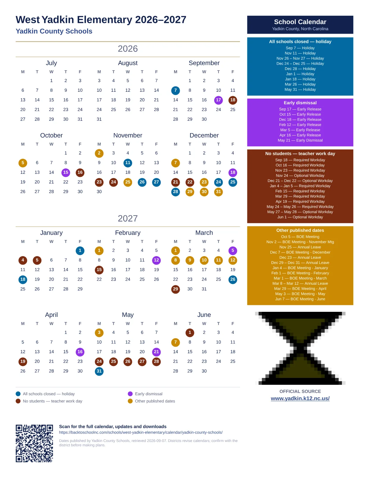 West Yadkin Elementary  printable calendar